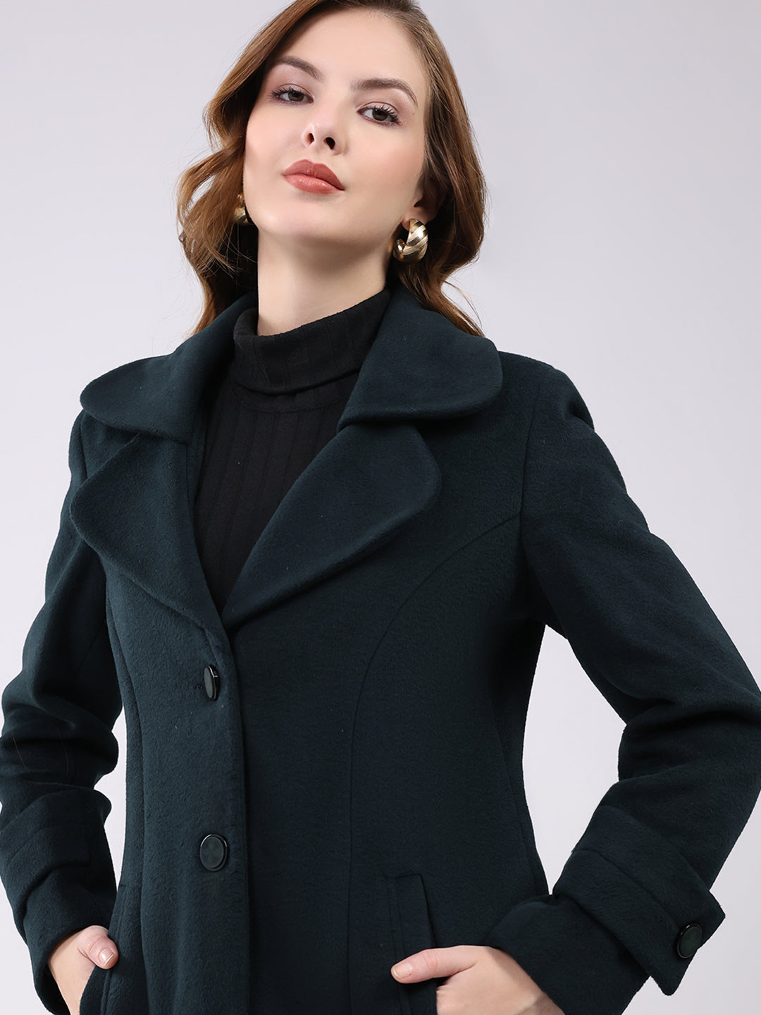 Women Teal Blue Solid Notch Lapel Collar Full Sleeve Coat