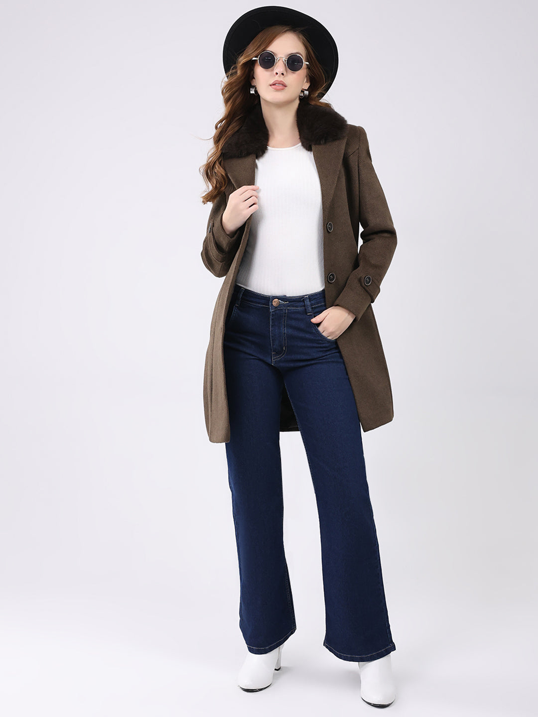 Women Brown Solid Notch Lapel Collar Full Sleeve Coat