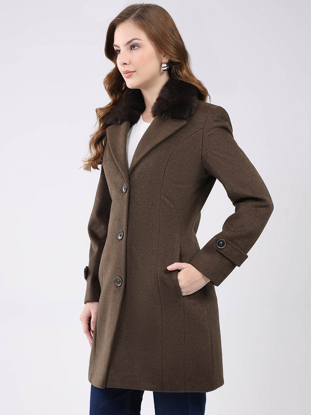 Women Brown Solid Notch Lapel Collar Full Sleeve Coat
