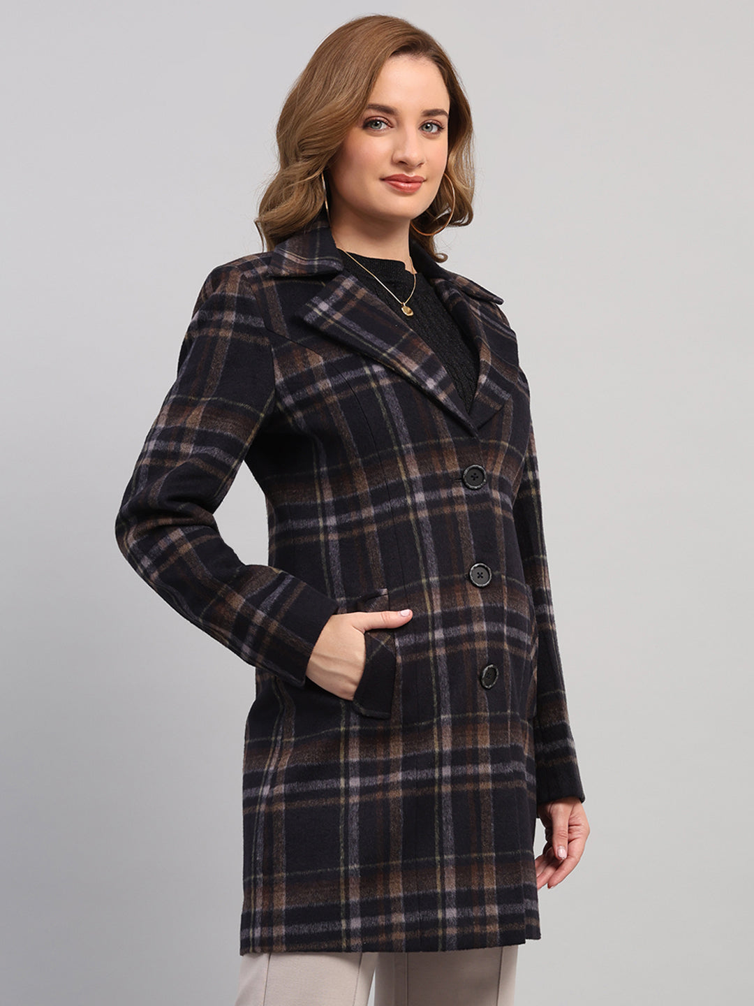 Women Navy Blue Check Collar Full Sleeve Coat