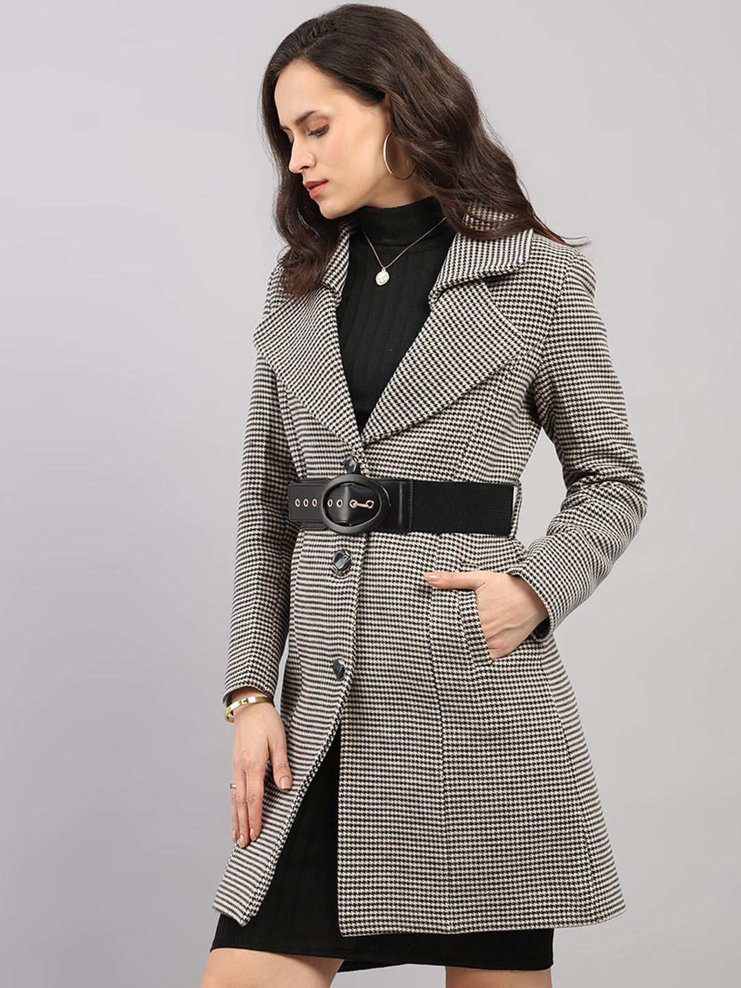 Women Black Jacquard Lapel Collar Full Sleeve Belted Long Coat