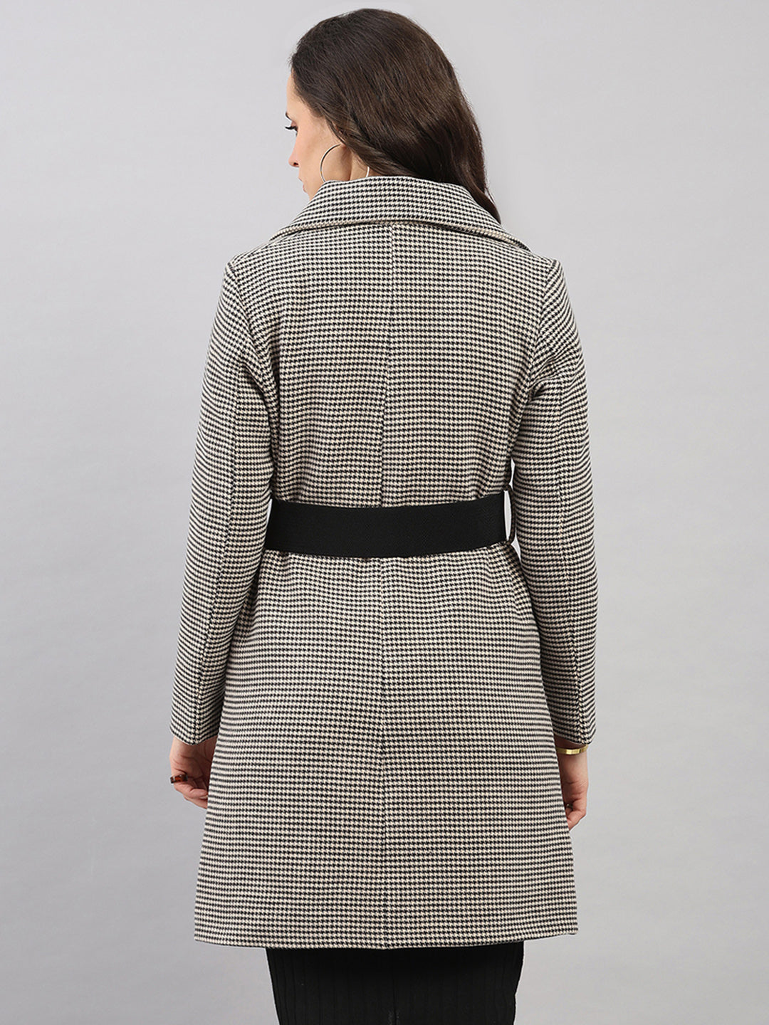 Women Black Jacquard Lapel Collar Full Sleeve Belted Long Coat