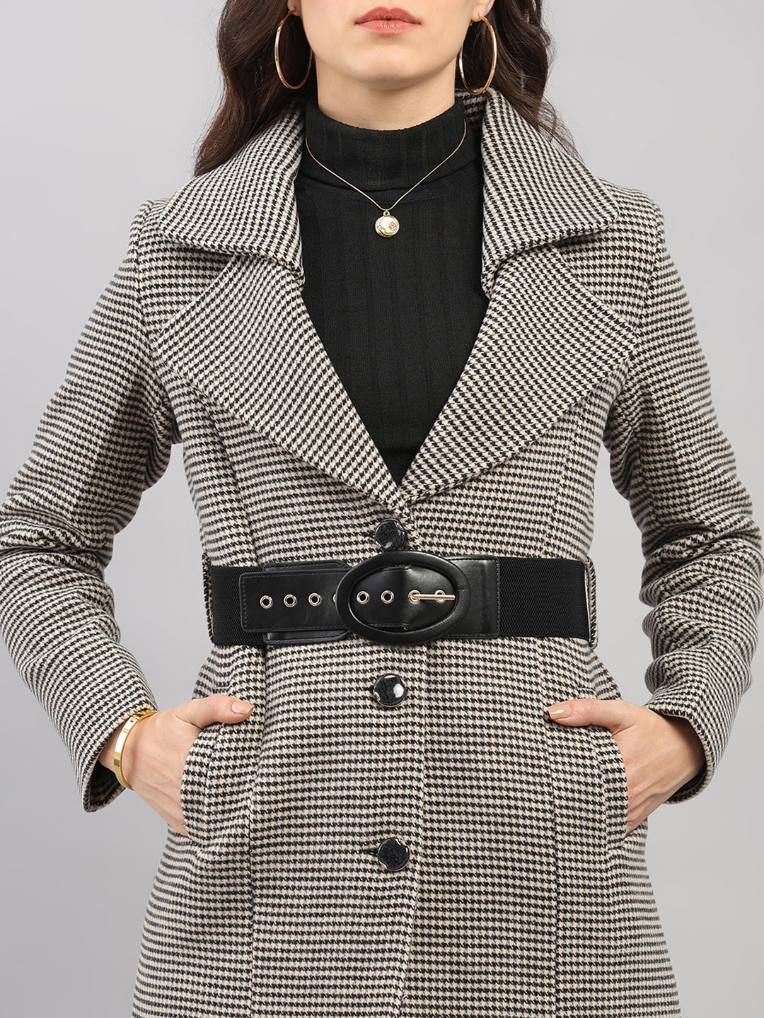 Women Black Jacquard Lapel Collar Full Sleeve Belted Long Coat