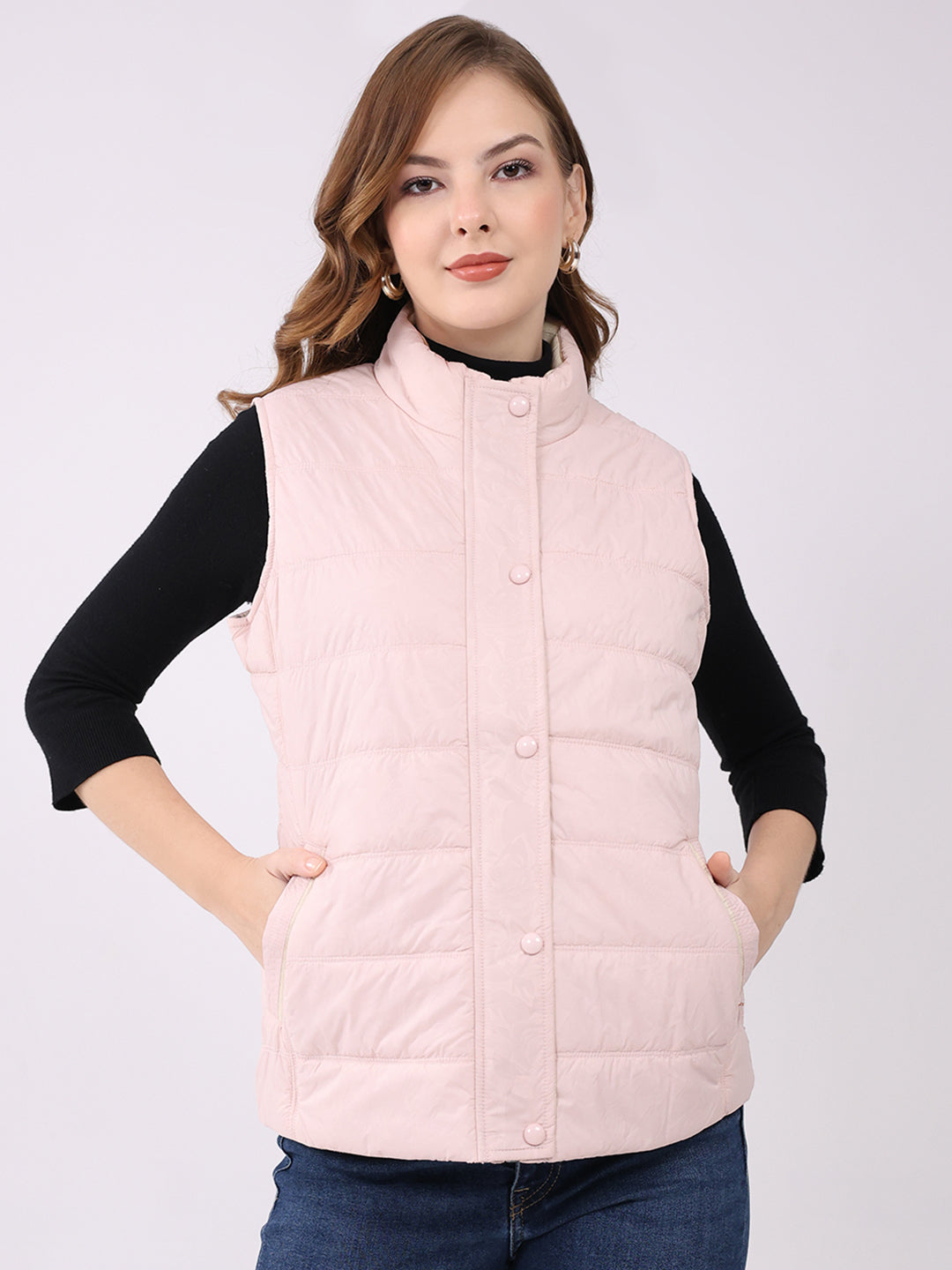 Women Pink Self Design Mock Neck Sleeveless Jacket