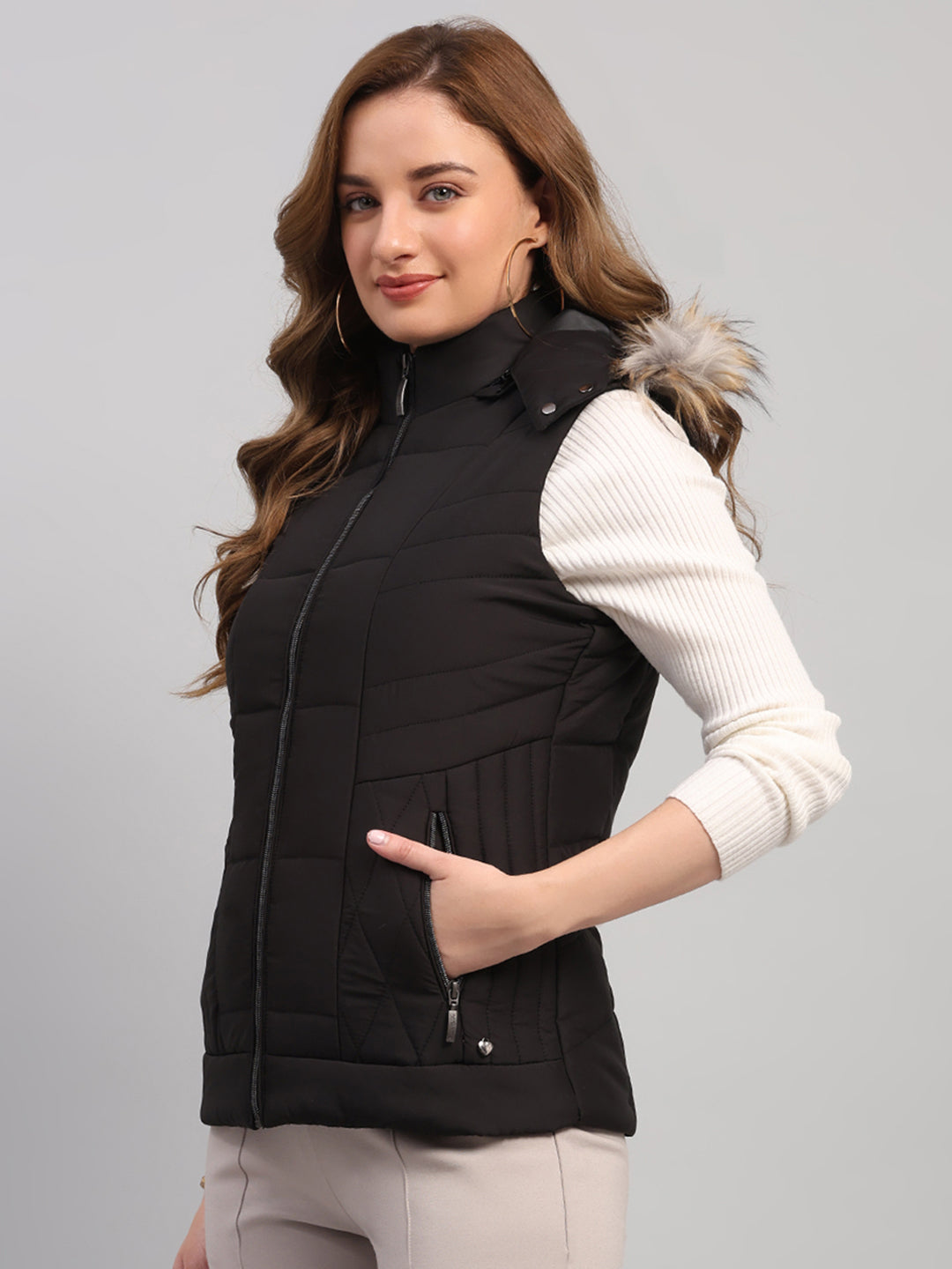 Women Black Solid Hooded Sleeveless Jacket