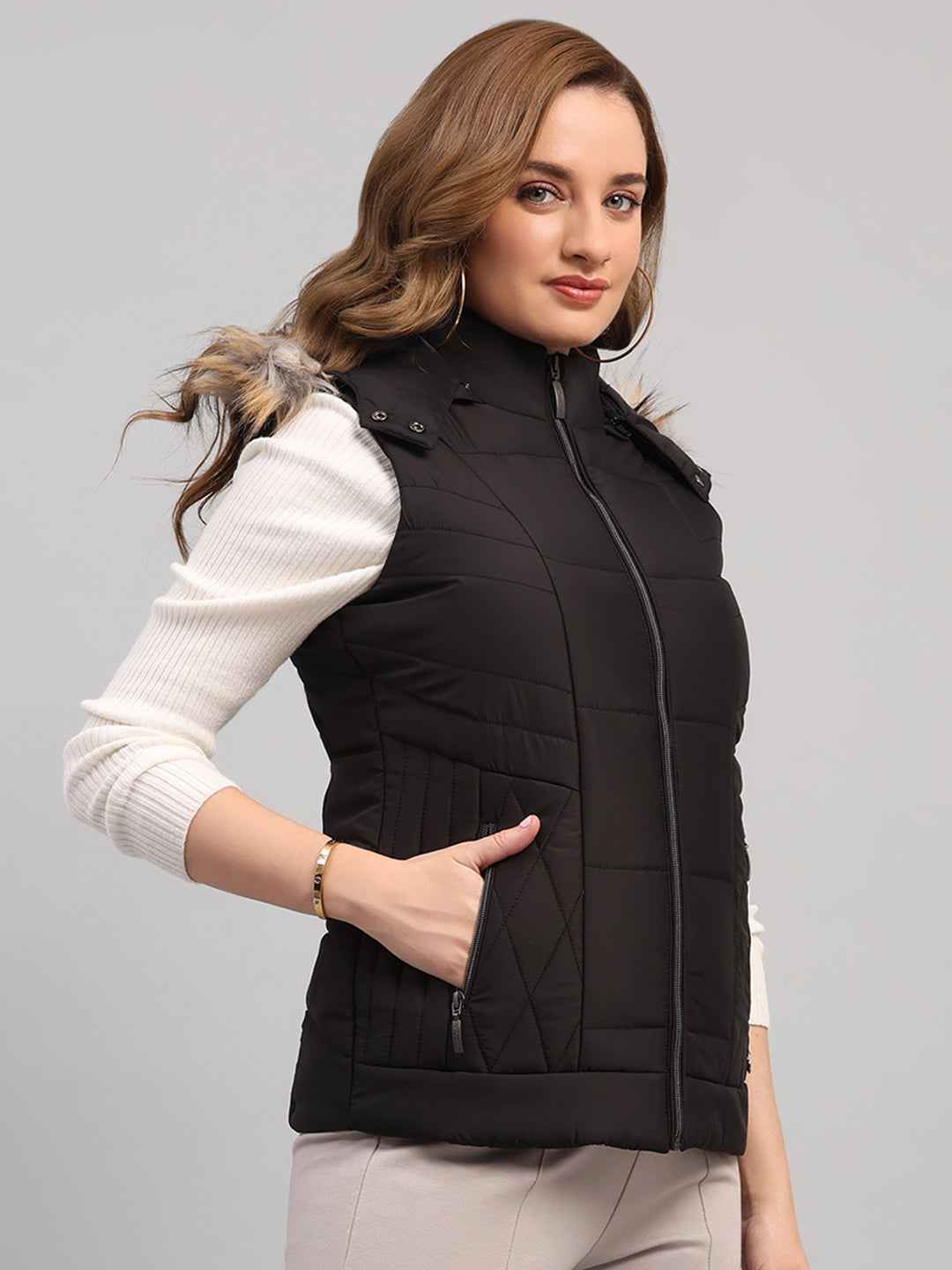 Women Black Solid Hooded Sleeveless Jacket