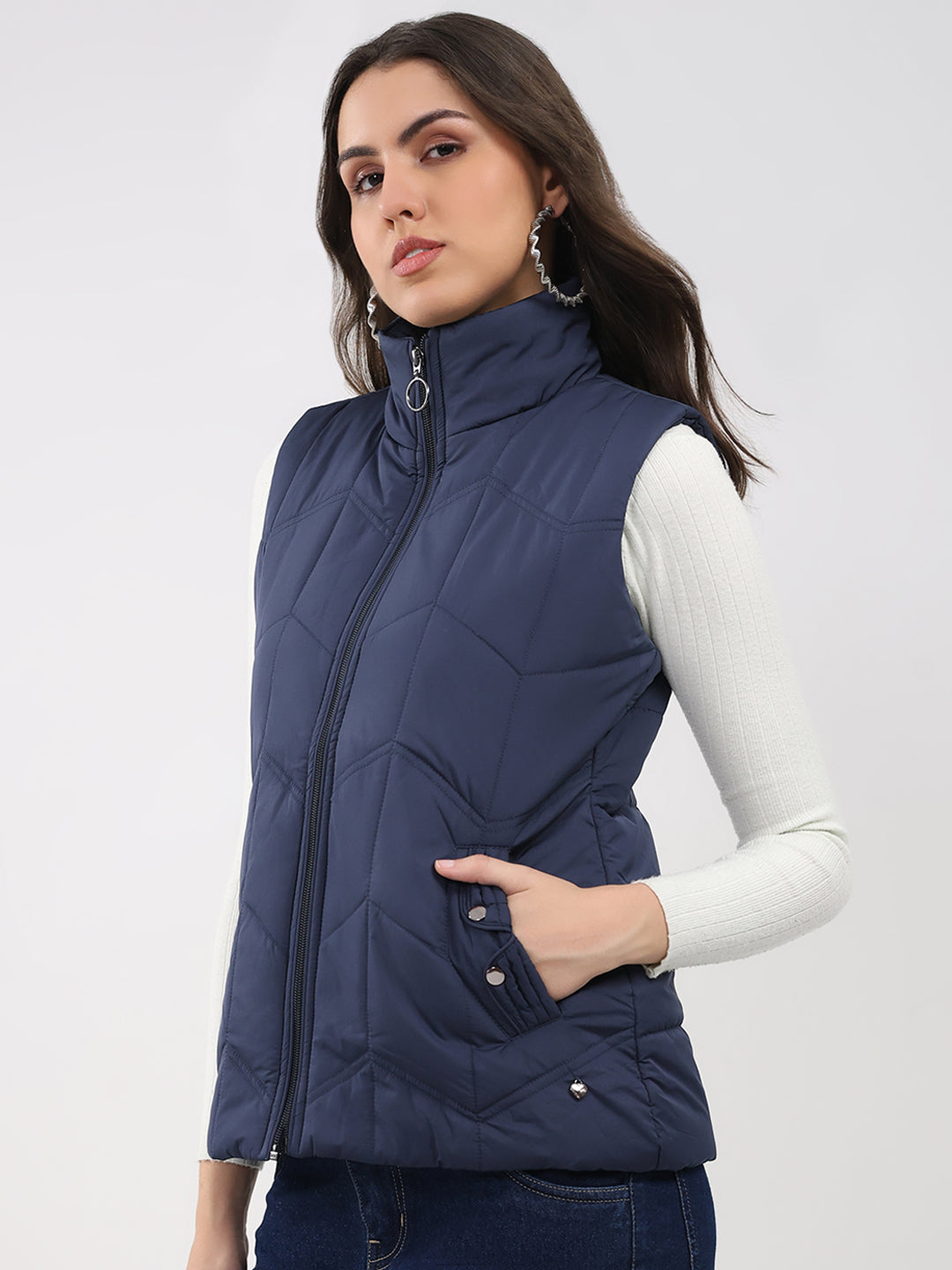 Women Navy Blue Solid Collar Sleeveless Jacket