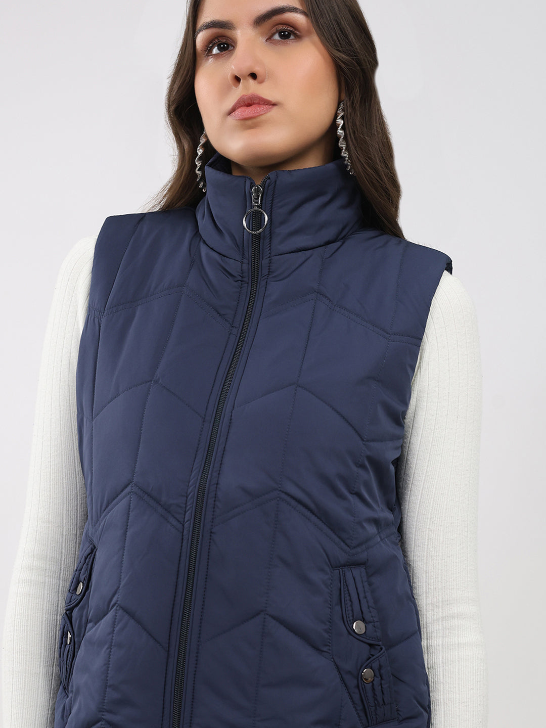 Women Navy Blue Solid Collar Sleeveless Jacket