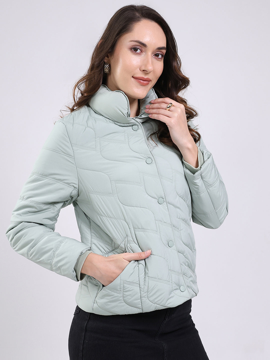 Women Mint Green Solid Mock Neck Full Sleeve Jacket