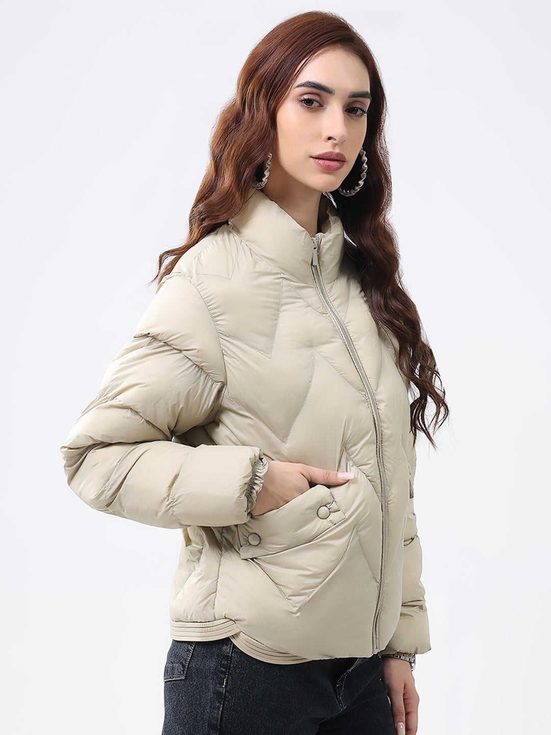Women Beige Solid Mock Neck Full Sleeve Jacket