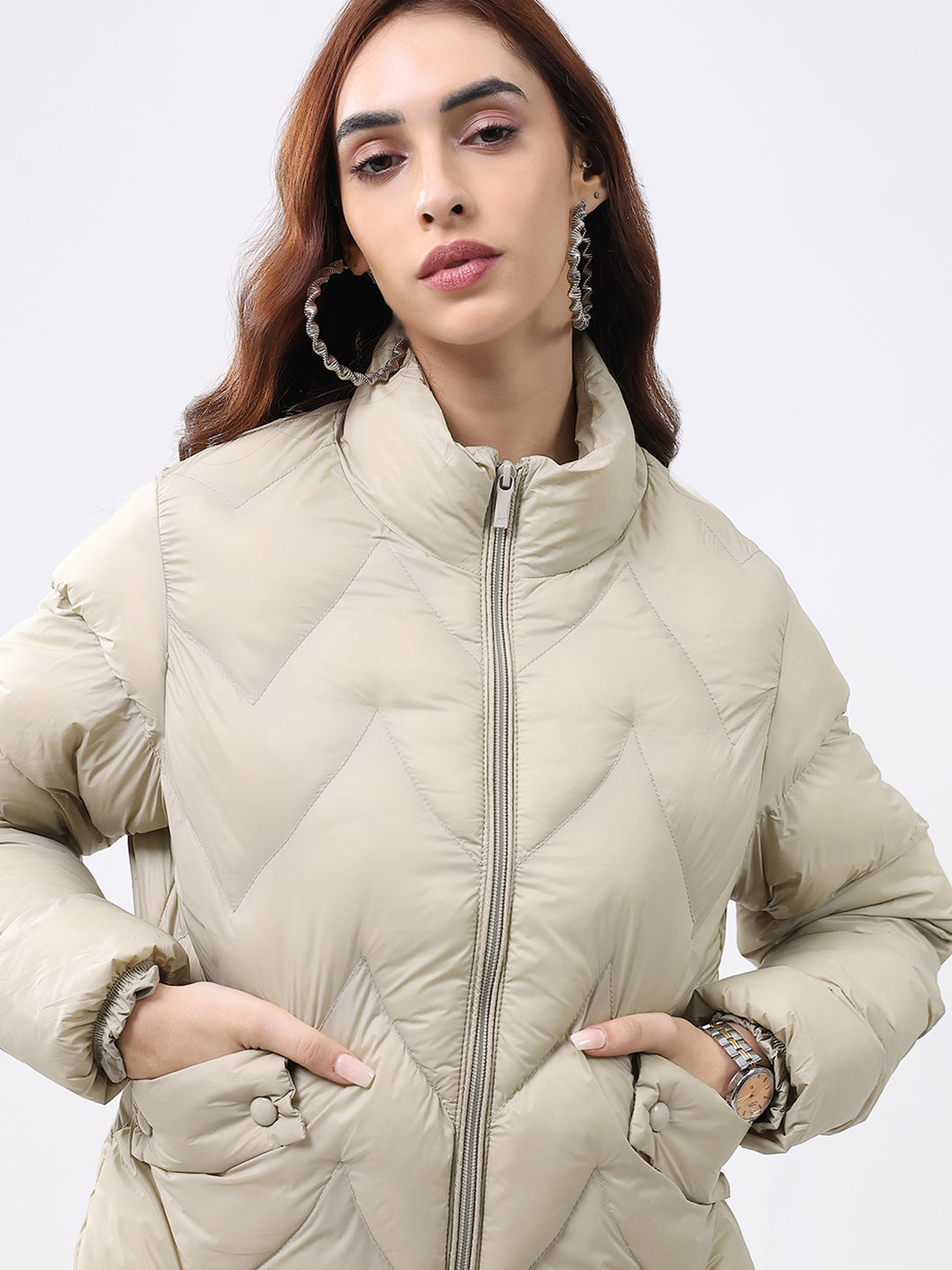 Women Beige Solid Mock Neck Full Sleeve Jacket