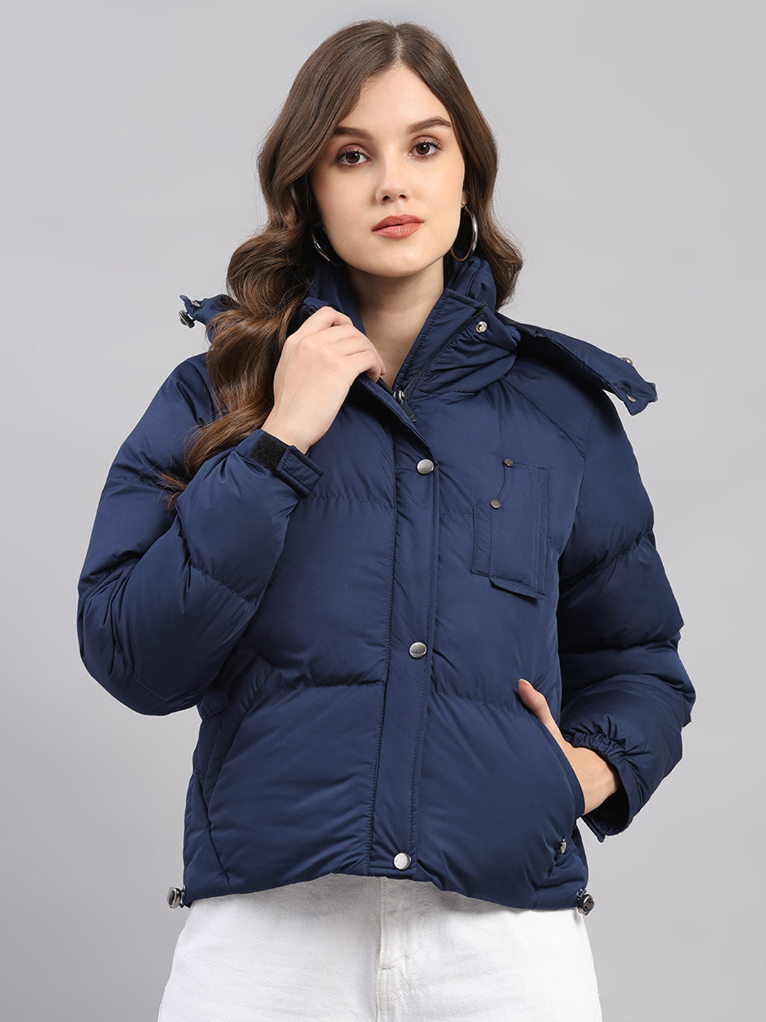 Women Blue Solid Hooded Full Sleeve Jacket