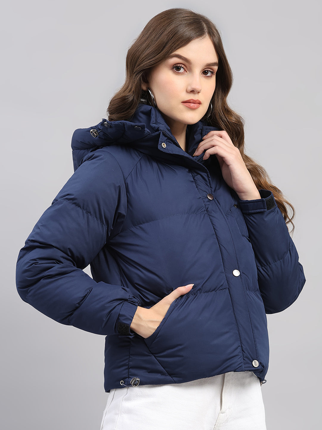 Women Blue Solid Hooded Full Sleeve Jacket