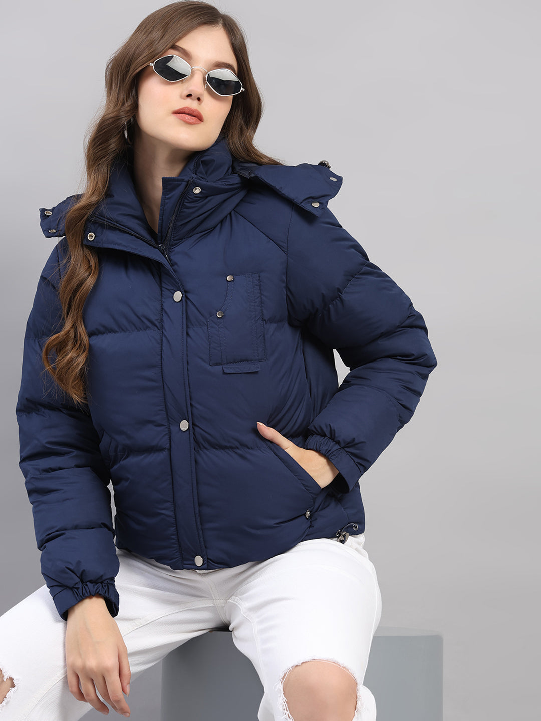 Women Blue Solid Hooded Full Sleeve Jacket