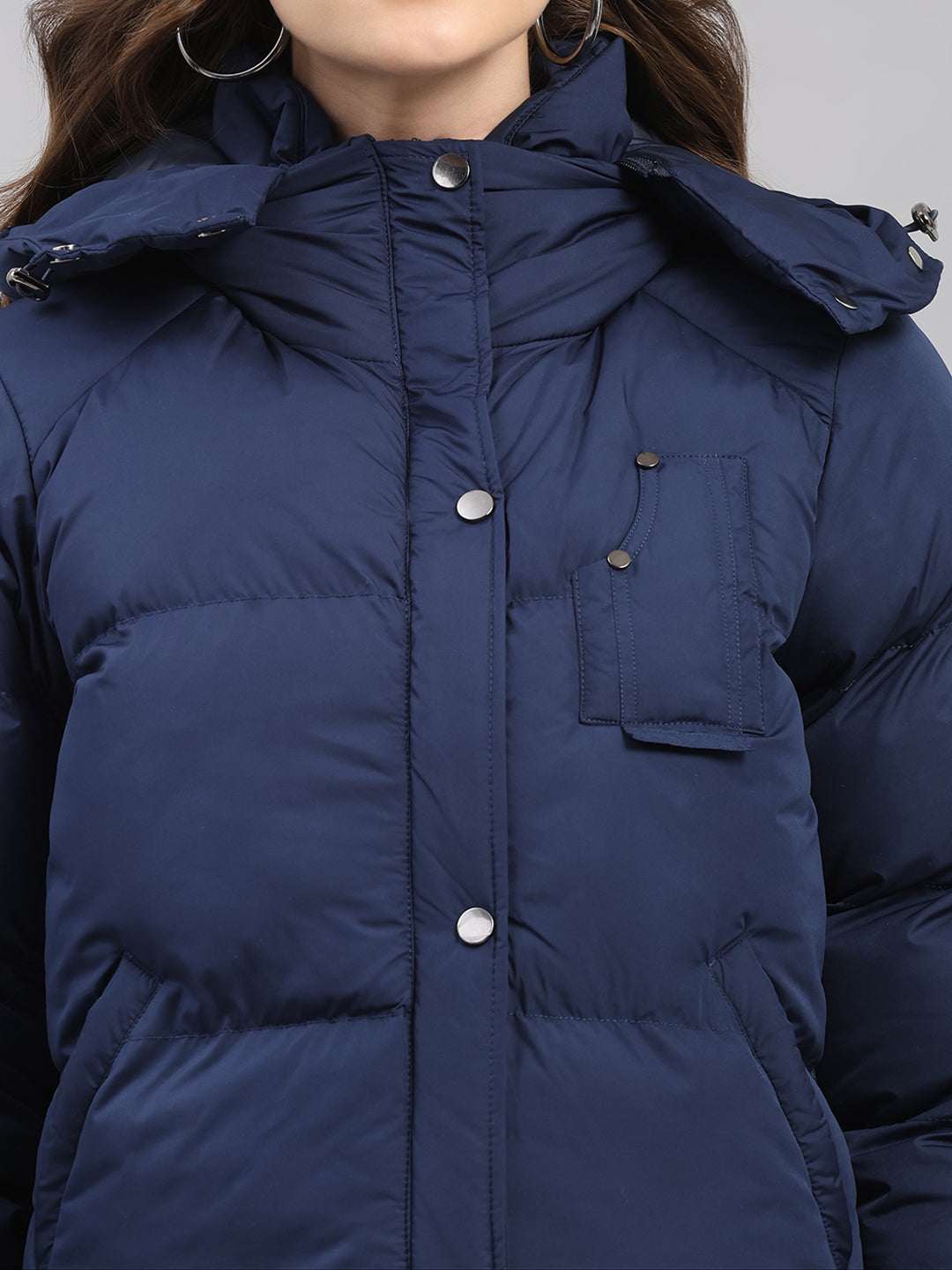 Women Blue Solid Hooded Full Sleeve Jacket