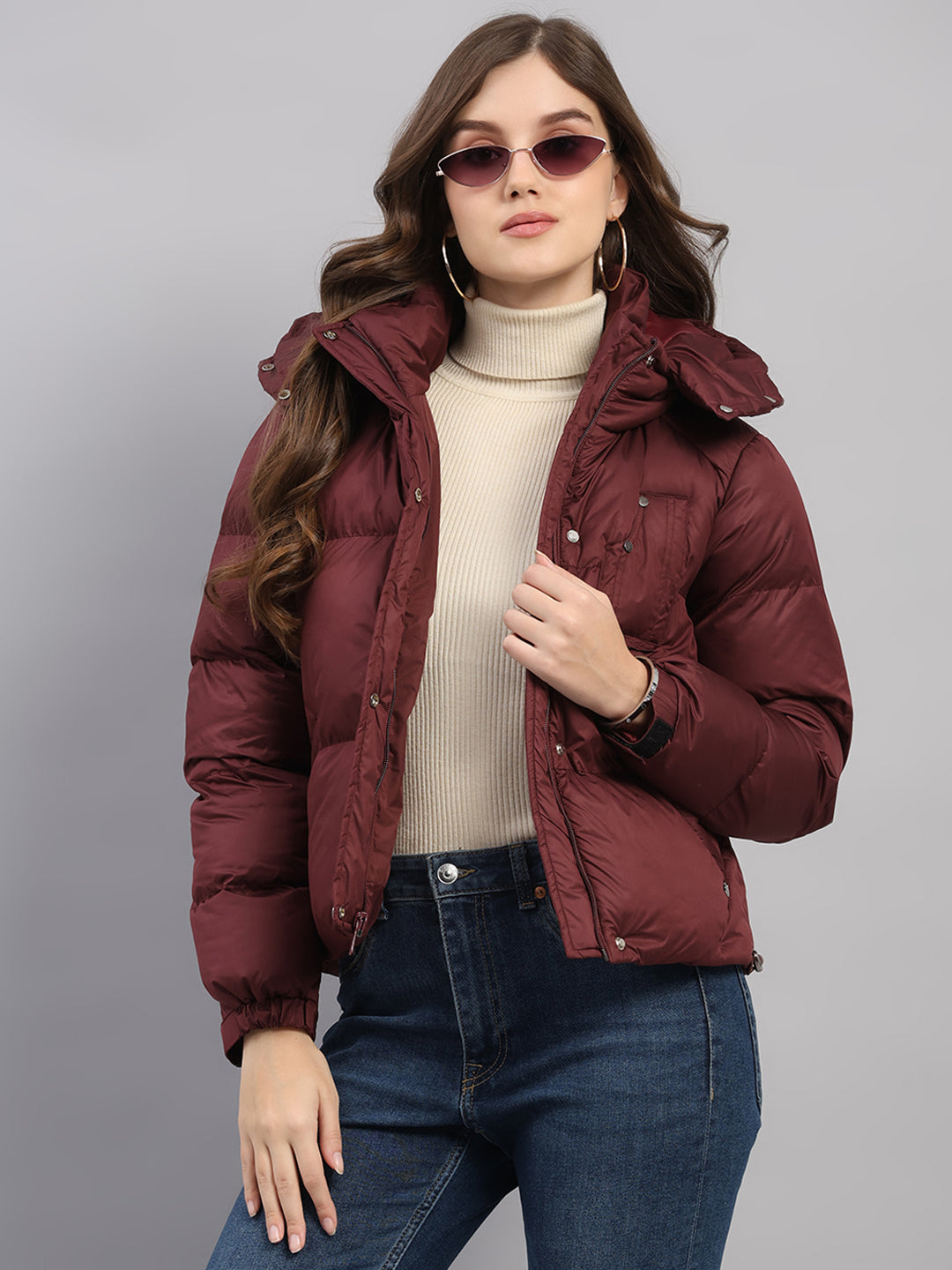Women Burgundy Solid Hooded Full Sleeve Jacket