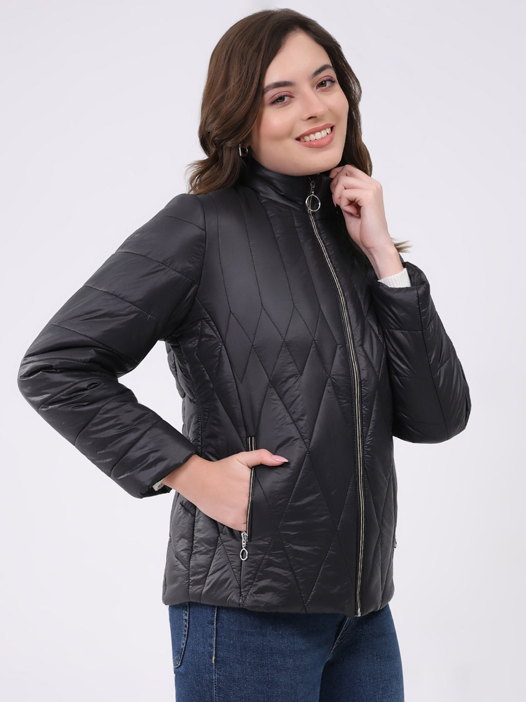 Women Black Solid Mock Neck Full Sleeve Jacket