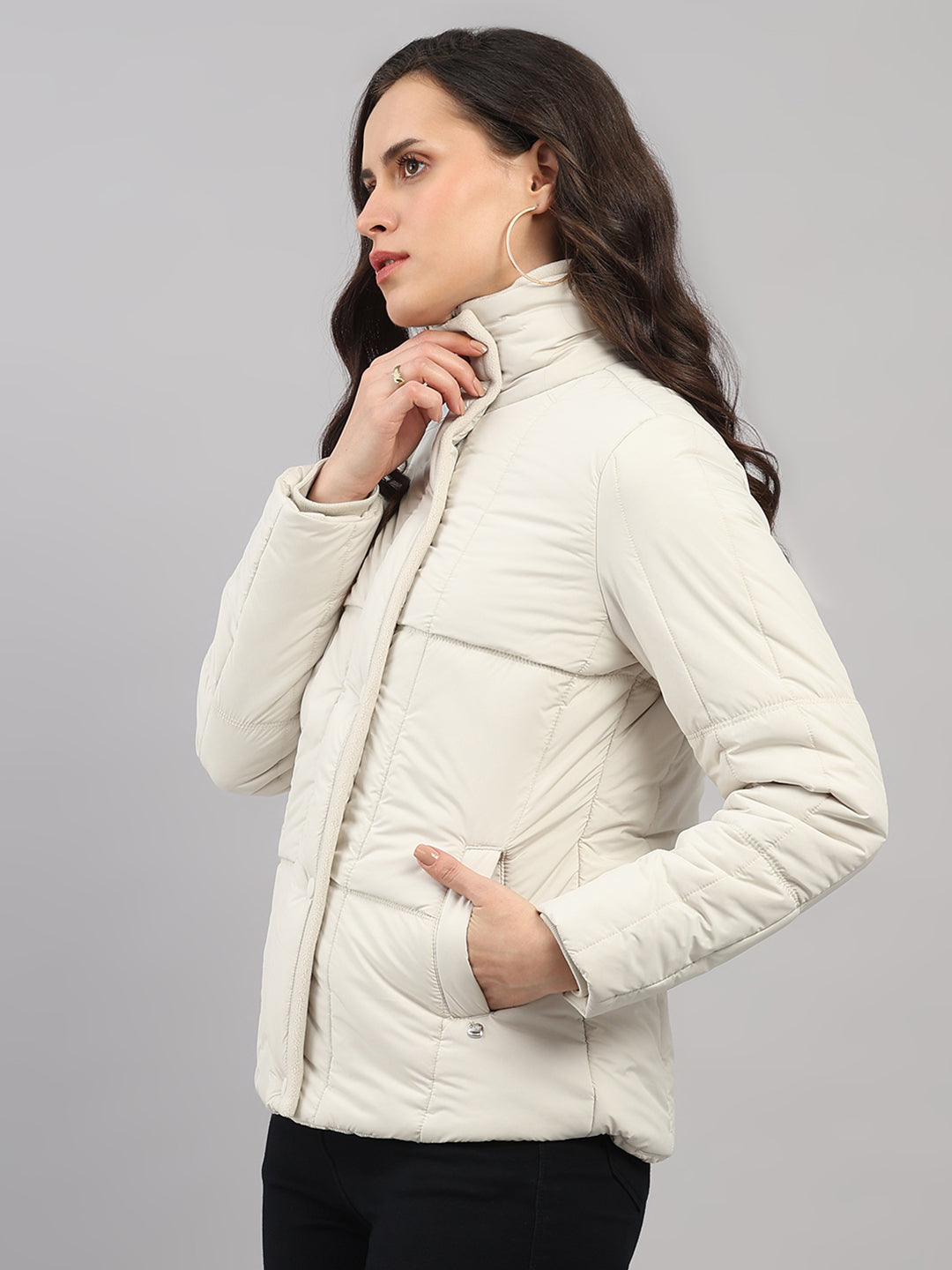 Women Cream Solid High Neck Full Sleeve Jacket