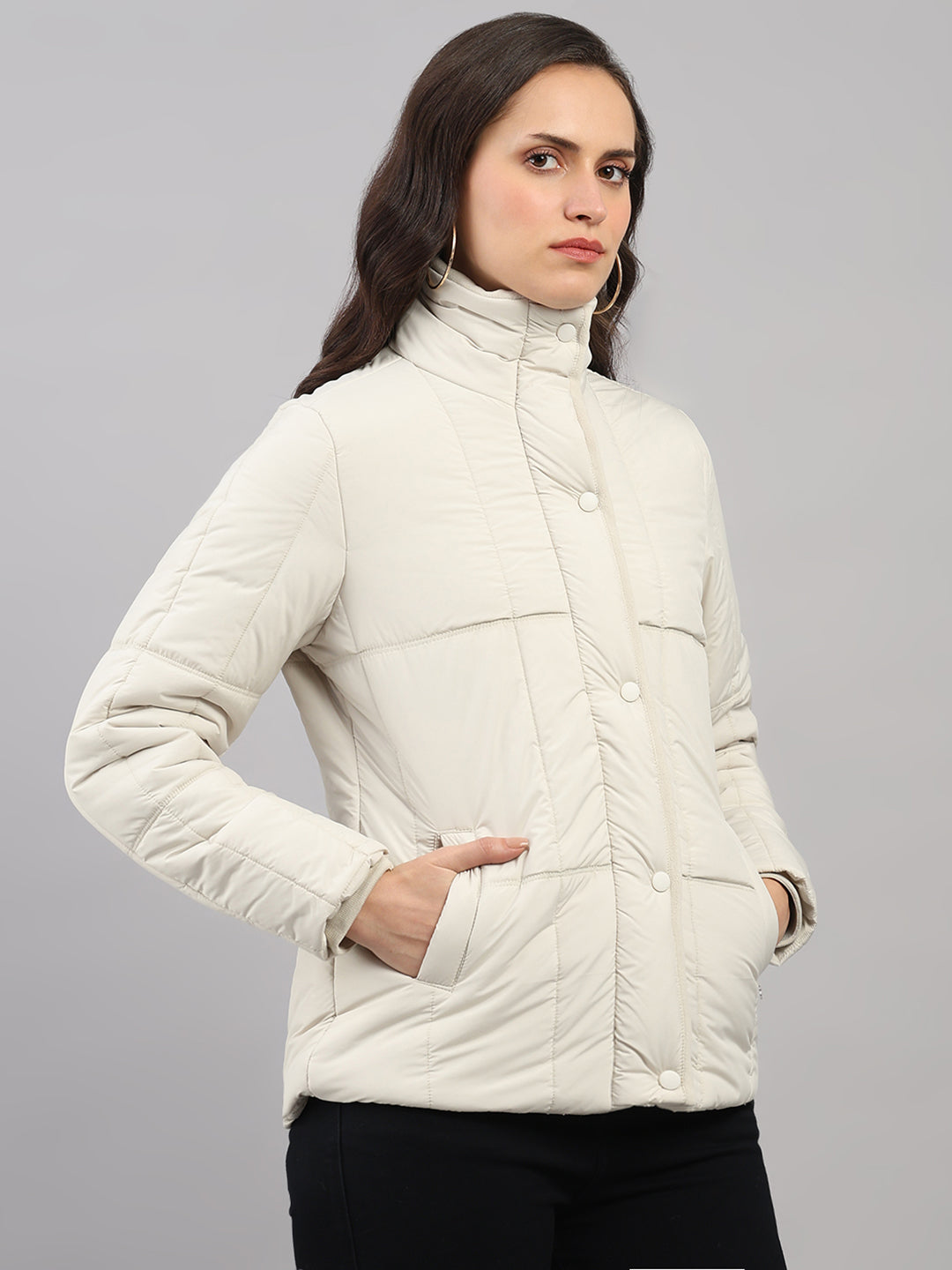 Women Cream Solid High Neck Full Sleeve Jacket
