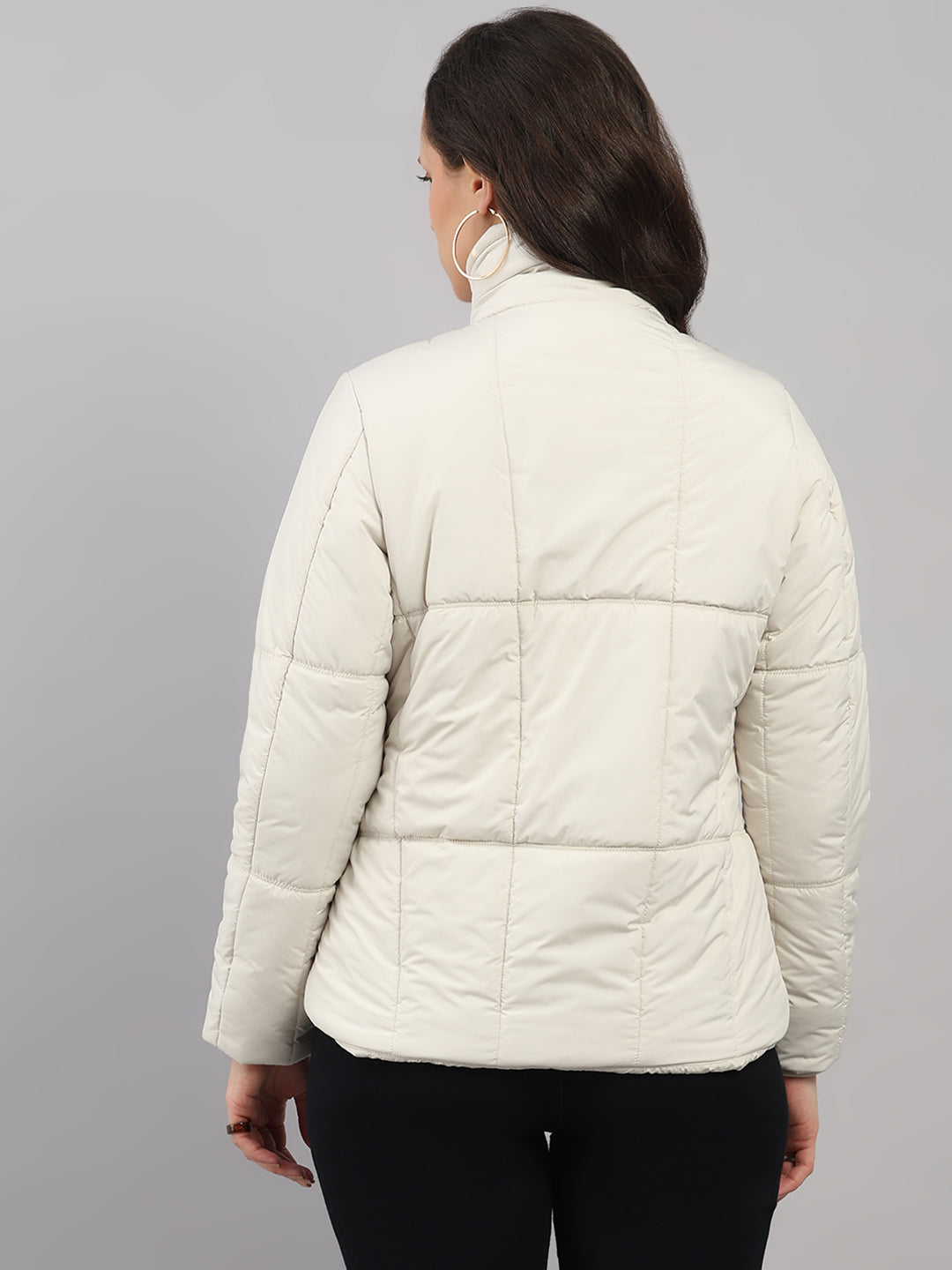 Women Cream Solid High Neck Full Sleeve Jacket