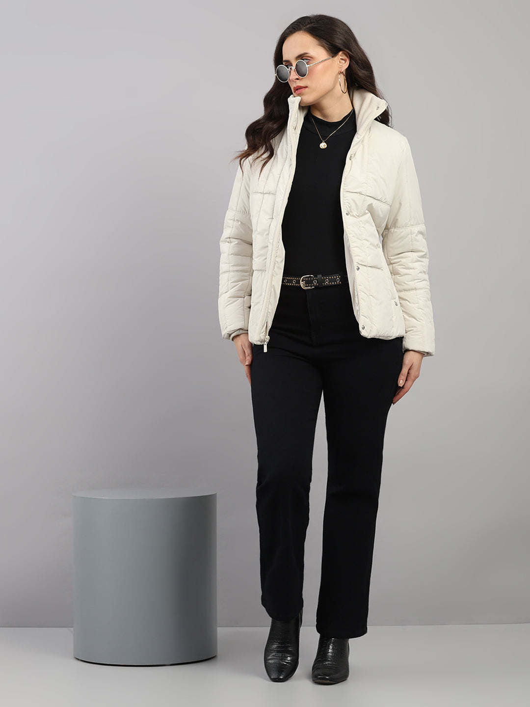 Women Cream Solid High Neck Full Sleeve Jacket