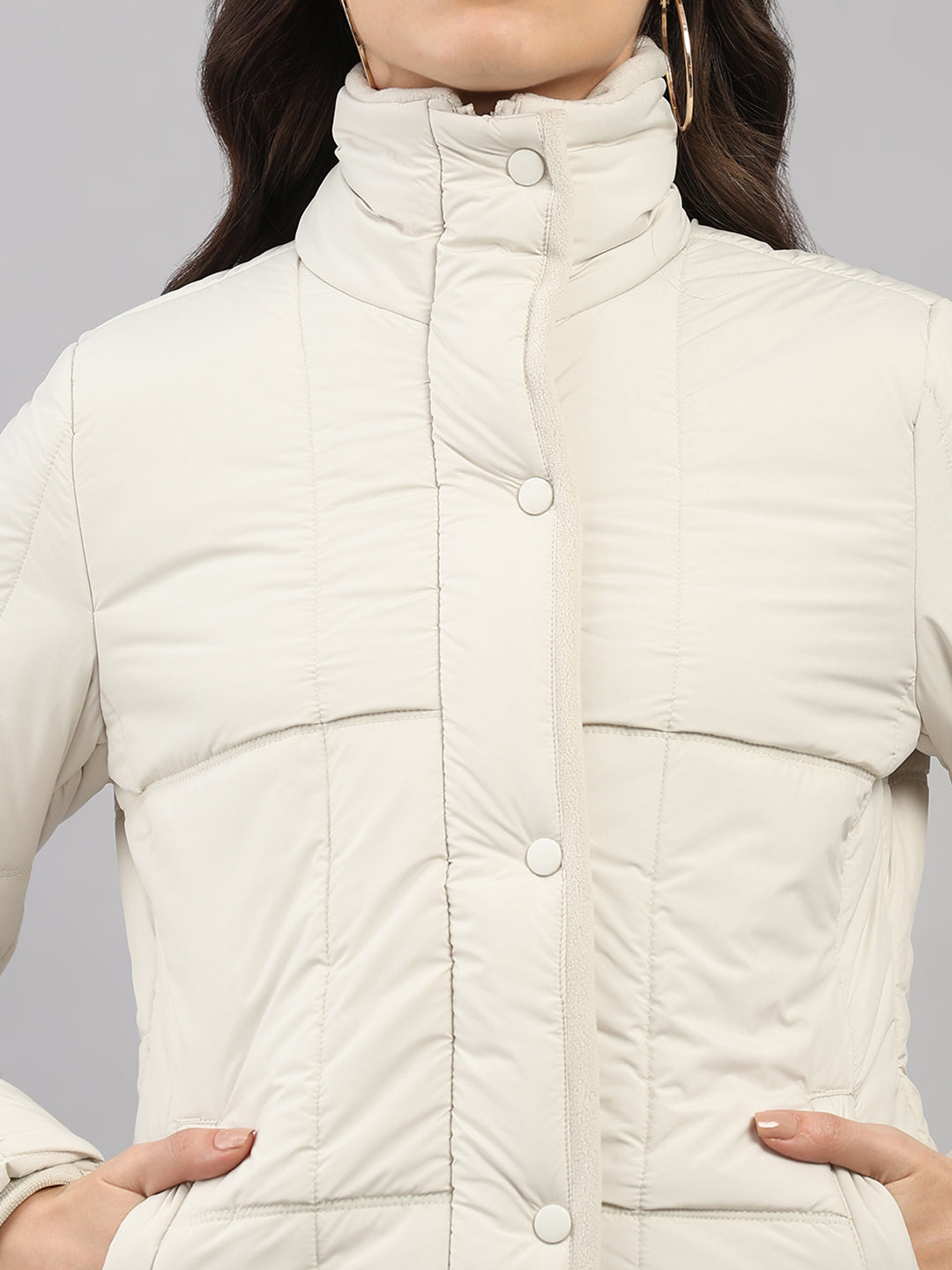 Women Cream Solid High Neck Full Sleeve Jacket