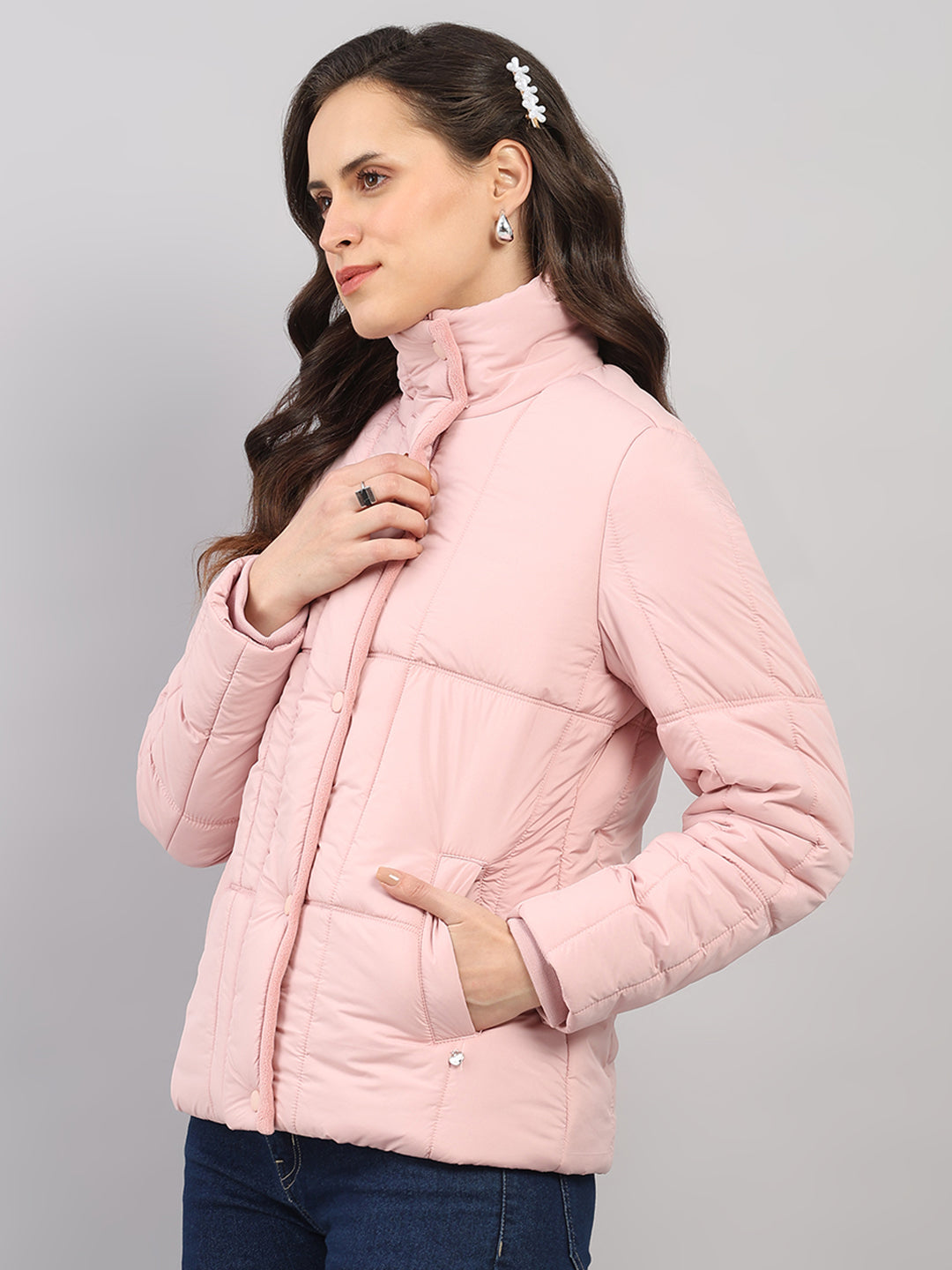 Women Pink Solid High Neck Full Sleeve Jacket