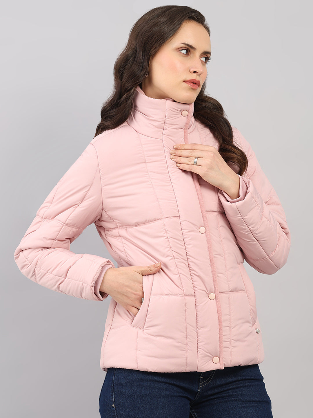 Women Pink Solid High Neck Full Sleeve Jacket