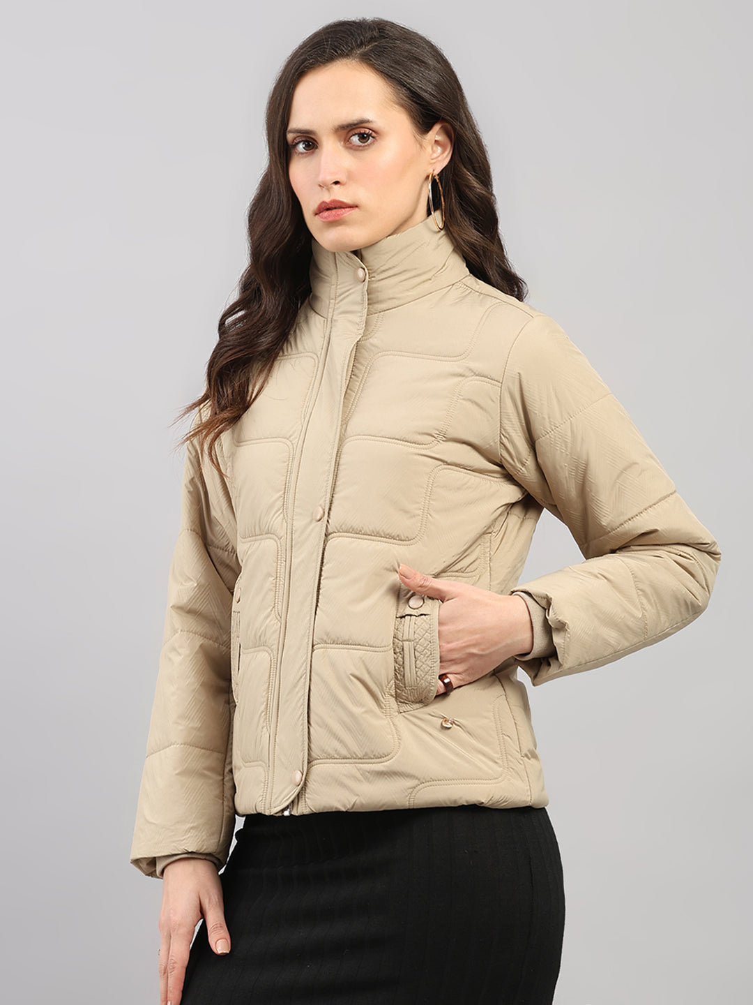 Women Beige Self Design Stand Collar Full Sleeve Jacket