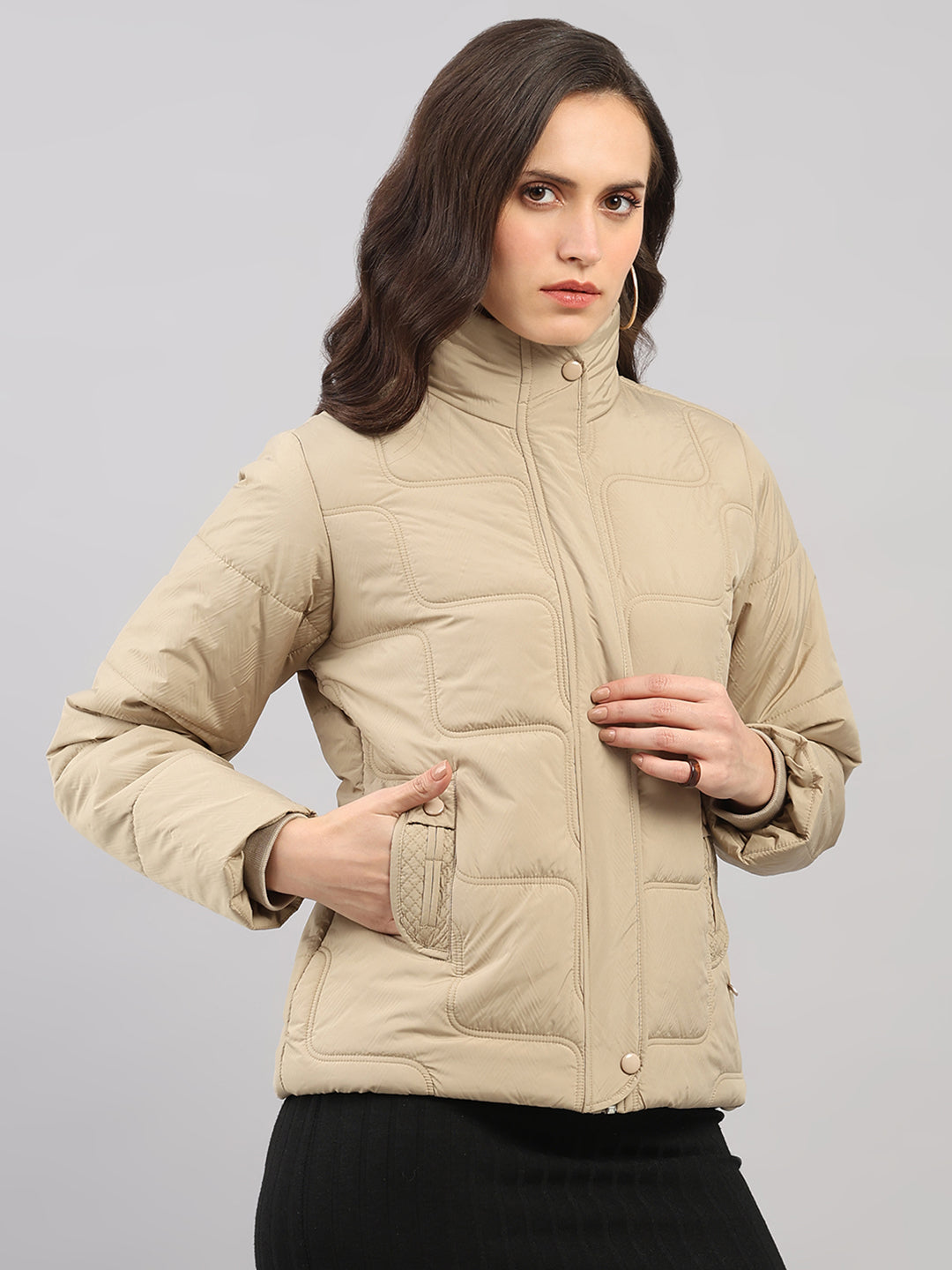 Women Beige Self Design Stand Collar Full Sleeve Jacket