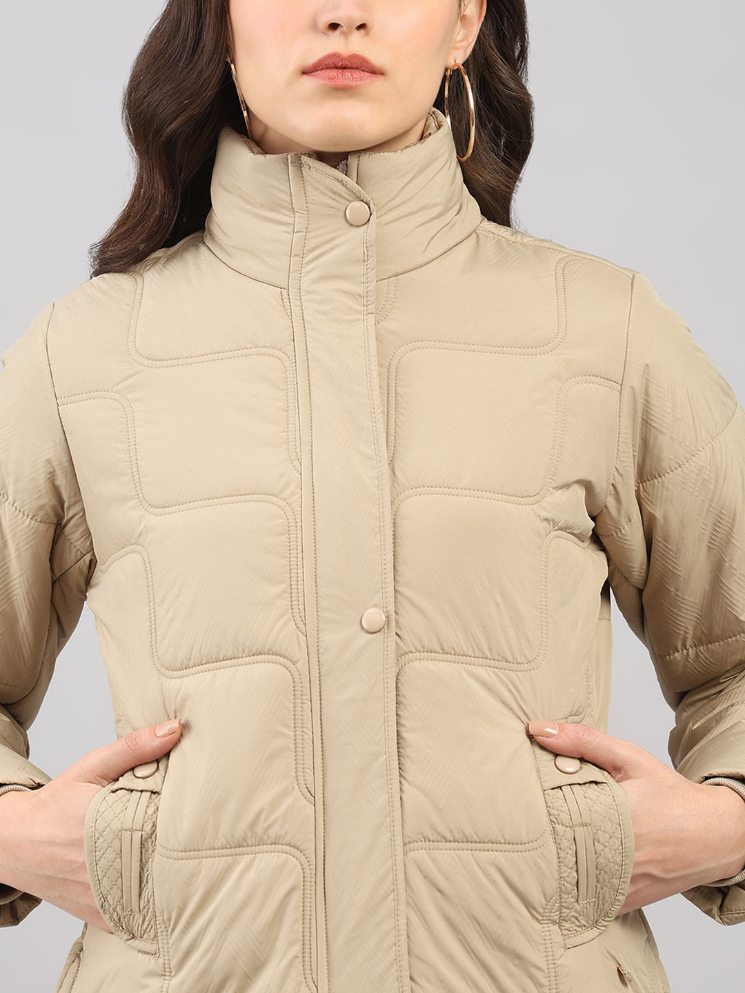 Women Beige Self Design Stand Collar Full Sleeve Jacket