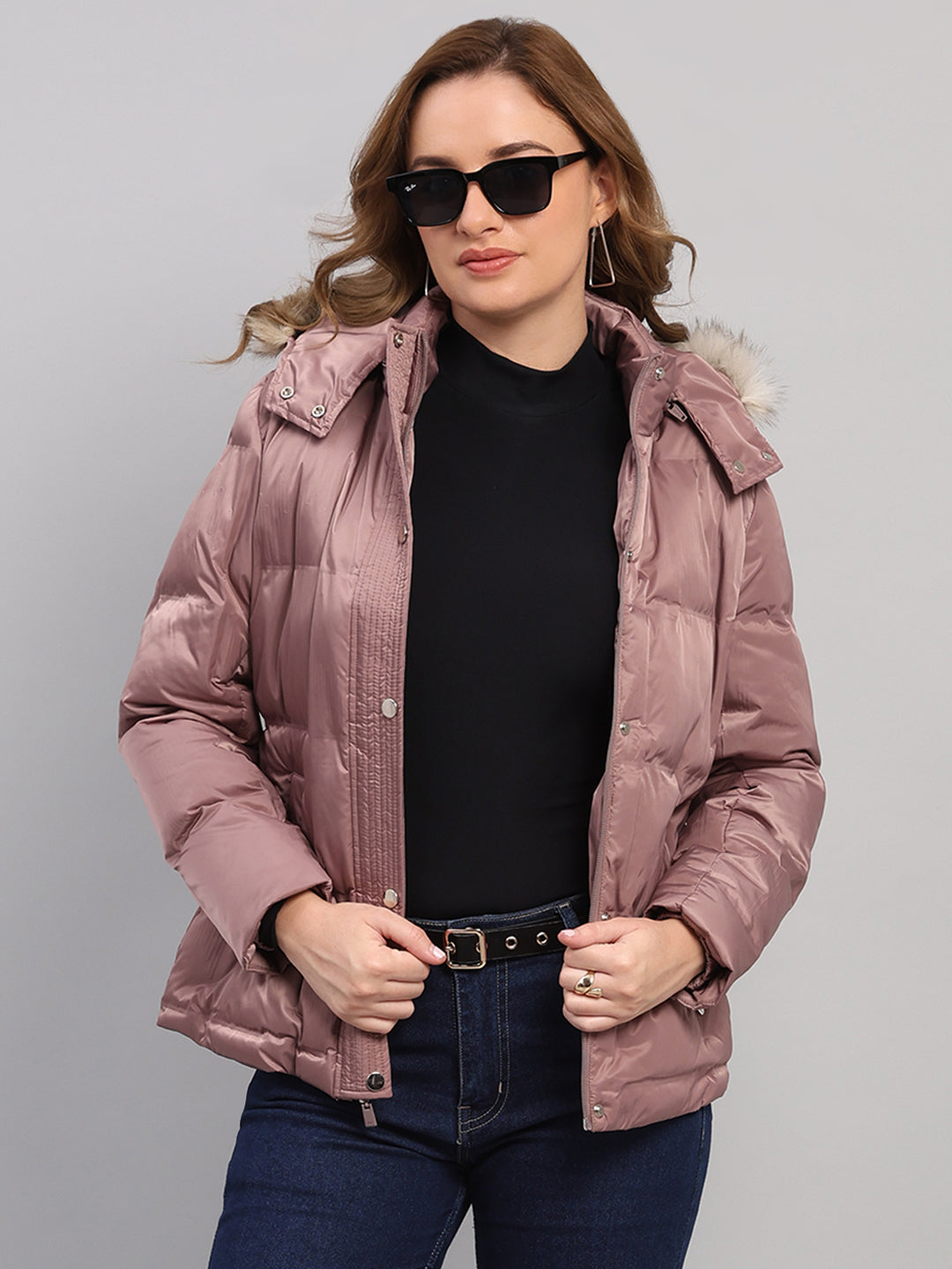 Women Mauve Self Design Hooded Full Sleeve Jacket