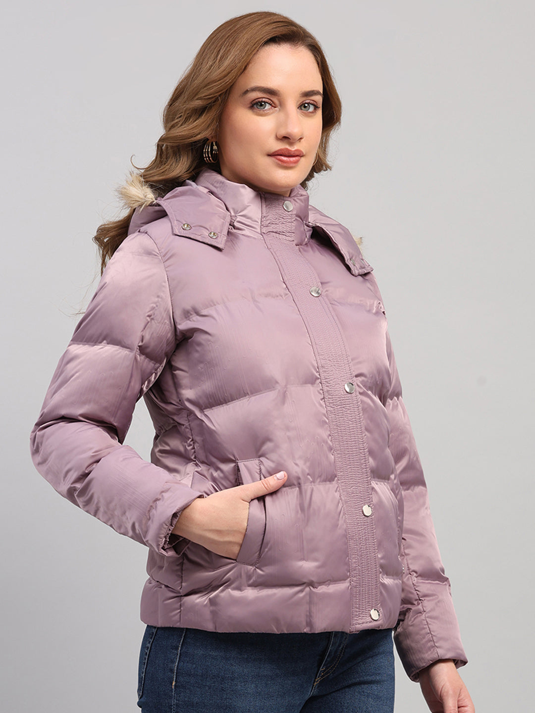 Women Mauve Self Design Hooded Full Sleeve Jacket