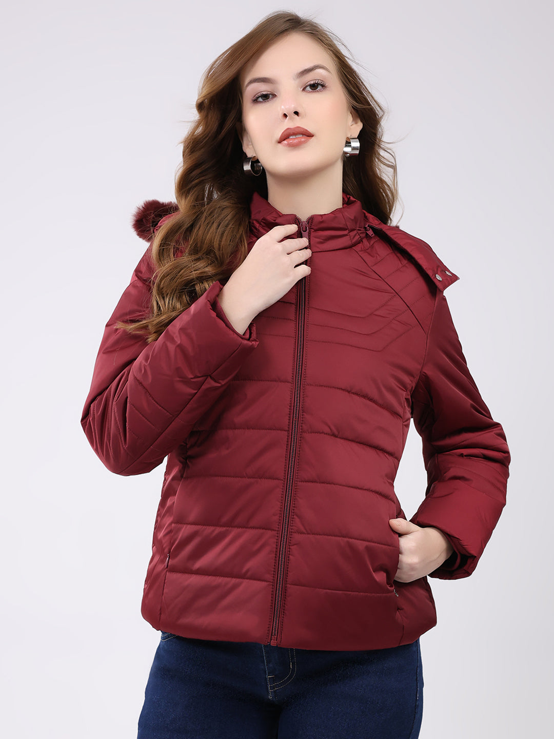 Women Maroon Solid Hooded Full Sleeve Jacket