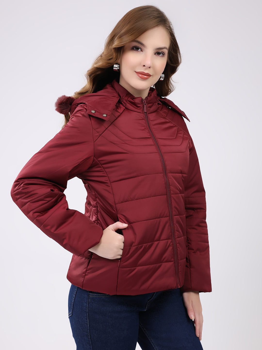 Women Maroon Solid Hooded Full Sleeve Jacket