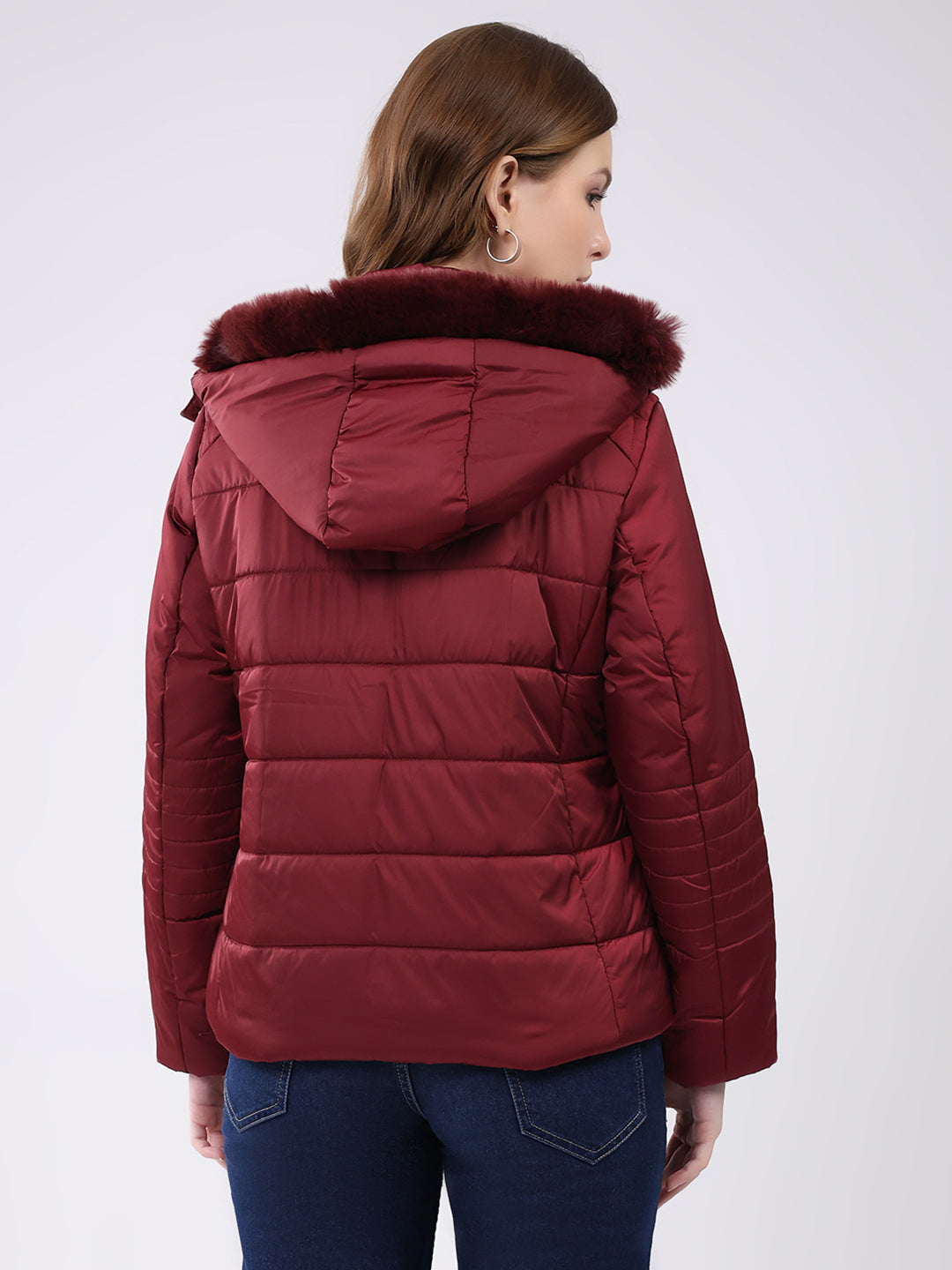 Women Maroon Solid Hooded Full Sleeve Jacket