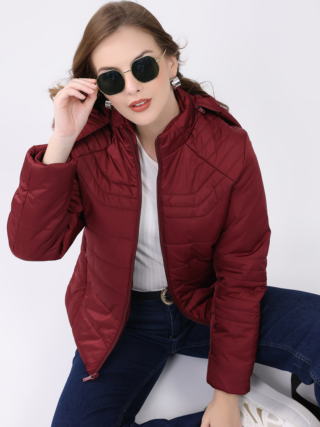 Women Maroon Solid Hooded Full Sleeve Jacket