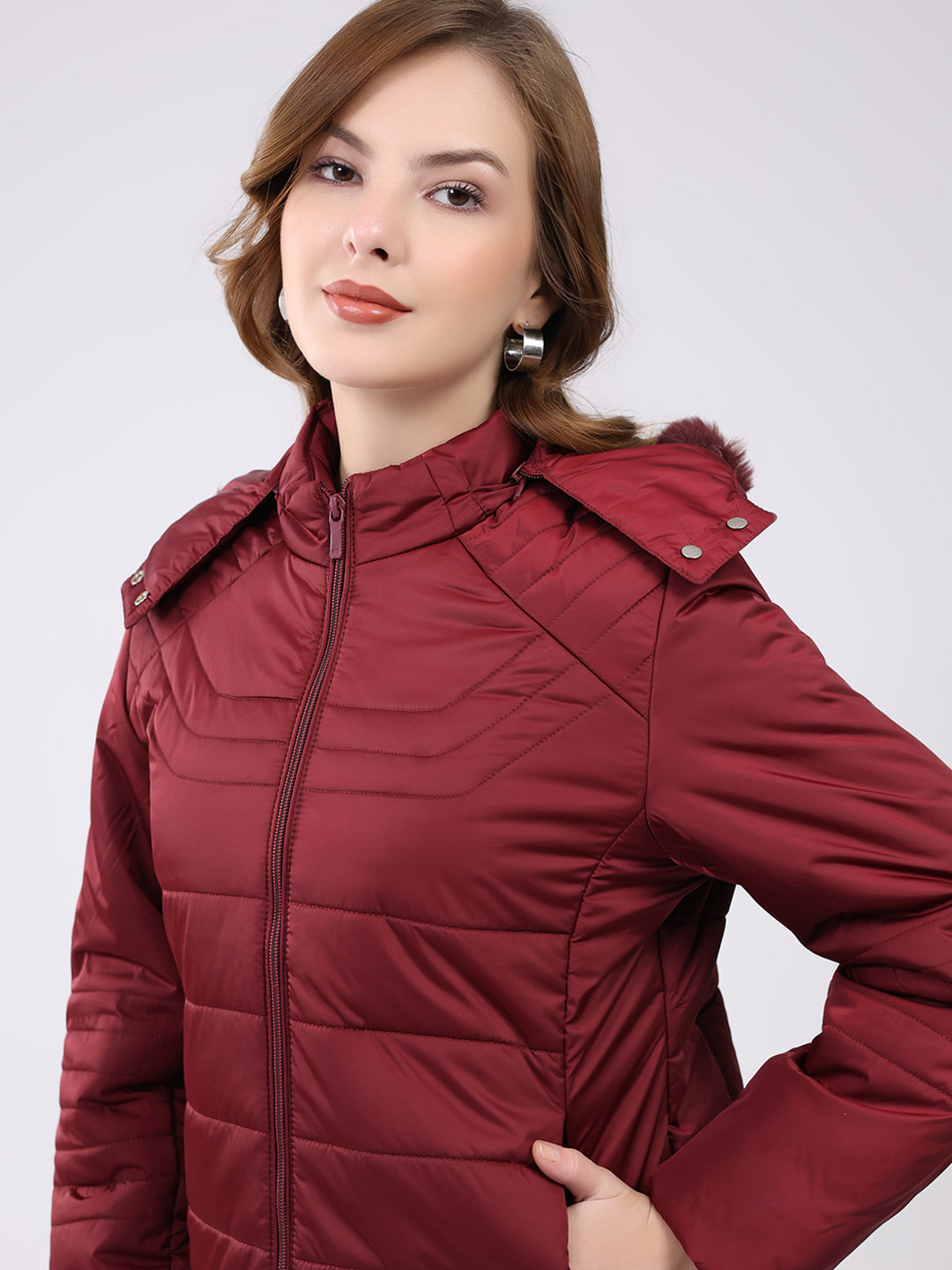 Women Maroon Solid Hooded Full Sleeve Jacket