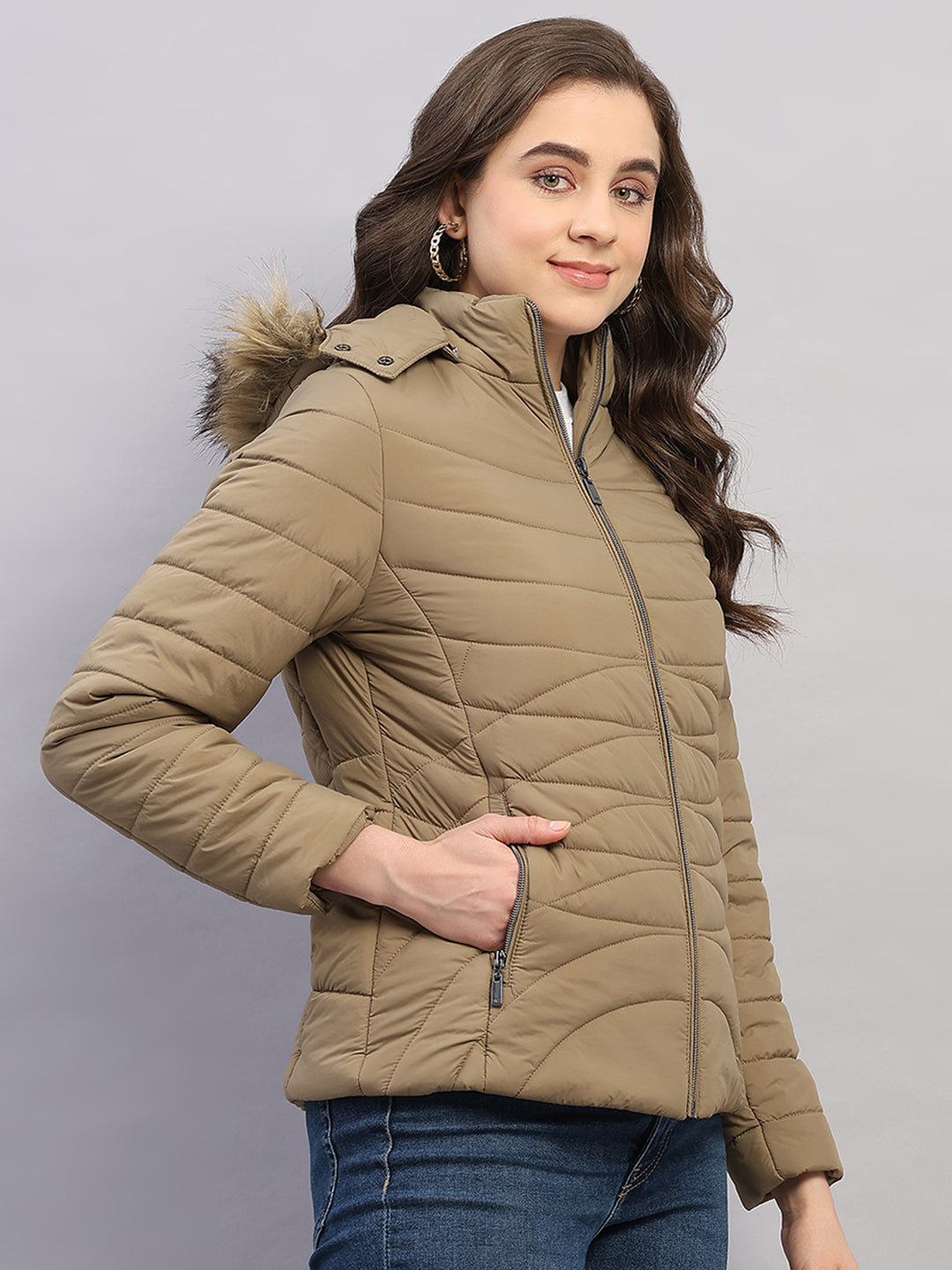 Women Khaki Solid Hooded Full Sleeve Jacket