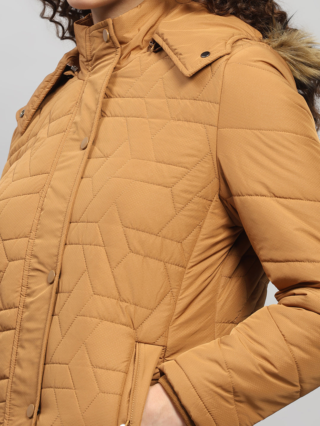 Women Brown Printed Hooded Full Sleeve Jacket