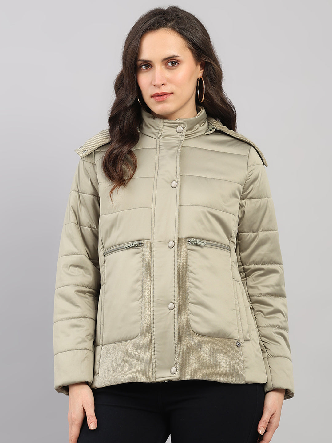 Women Green Solid Hooded Full Sleeve Jacket