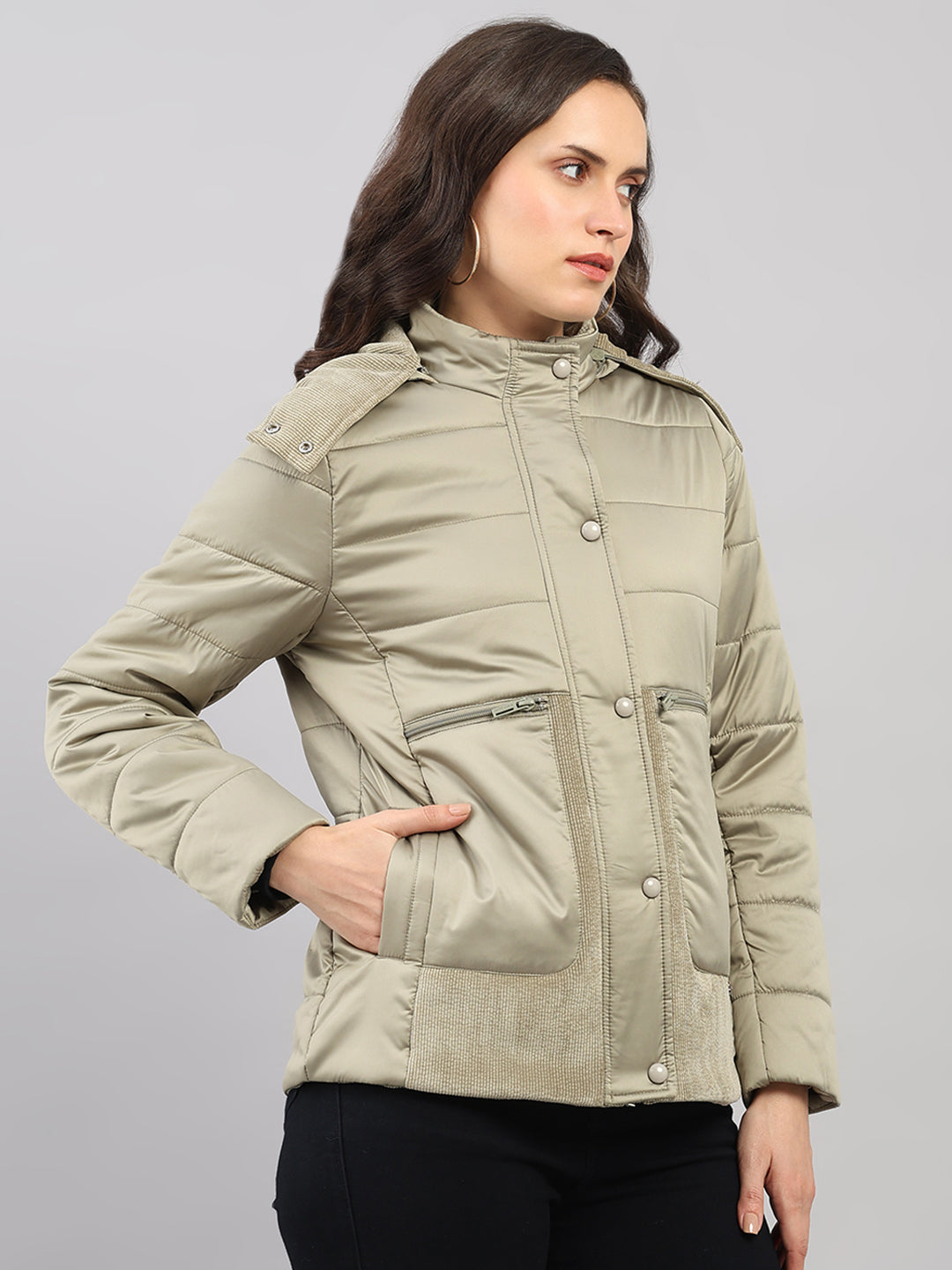 Women Green Solid Hooded Full Sleeve Jacket