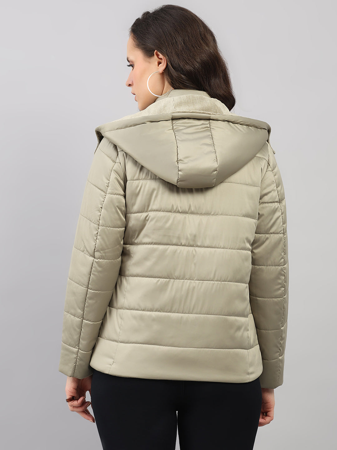 Women Green Solid Hooded Full Sleeve Jacket