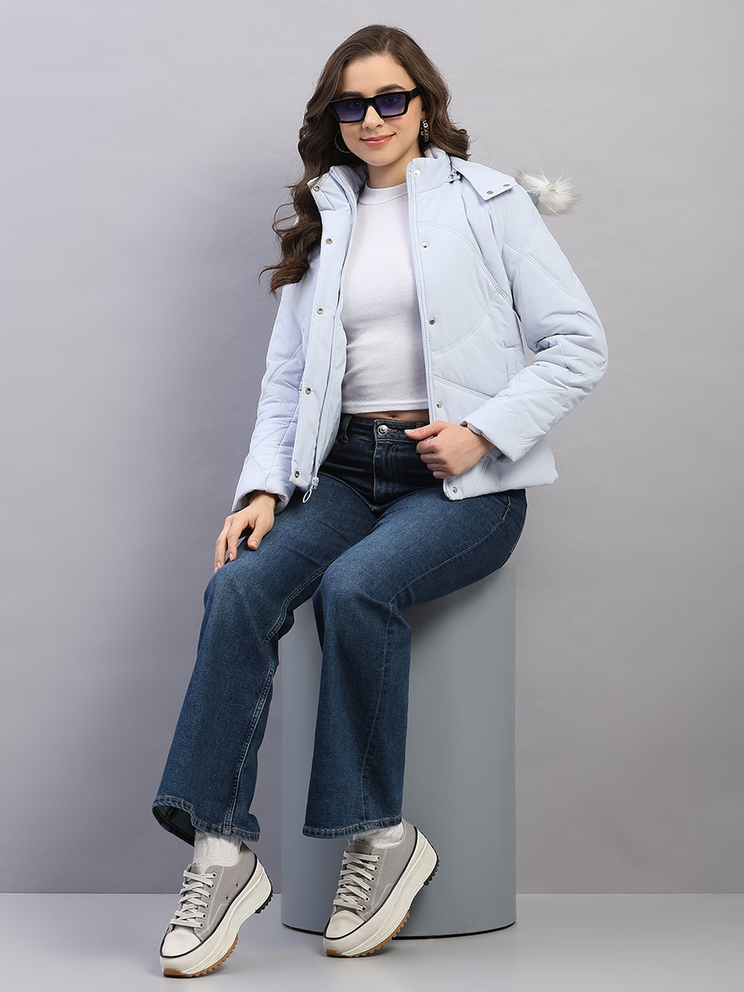 Women Blue Solid Hooded Full Sleeve Jacket