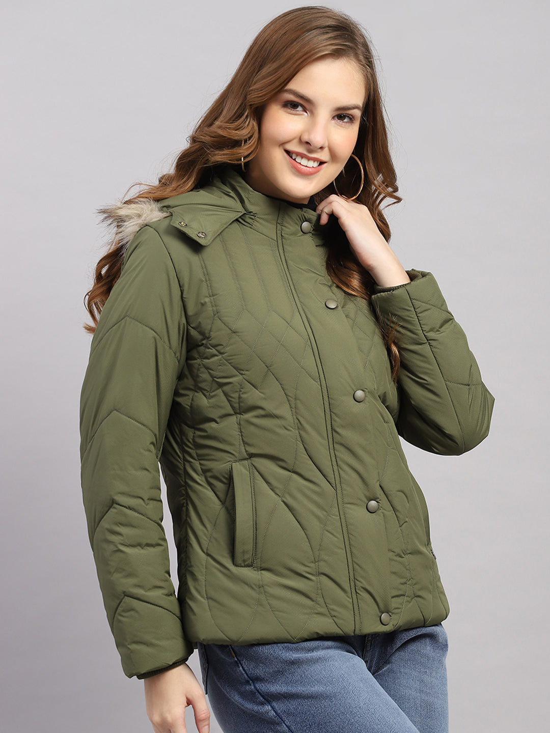 Women Green Stripe Hooded Full Sleeve Jacket
