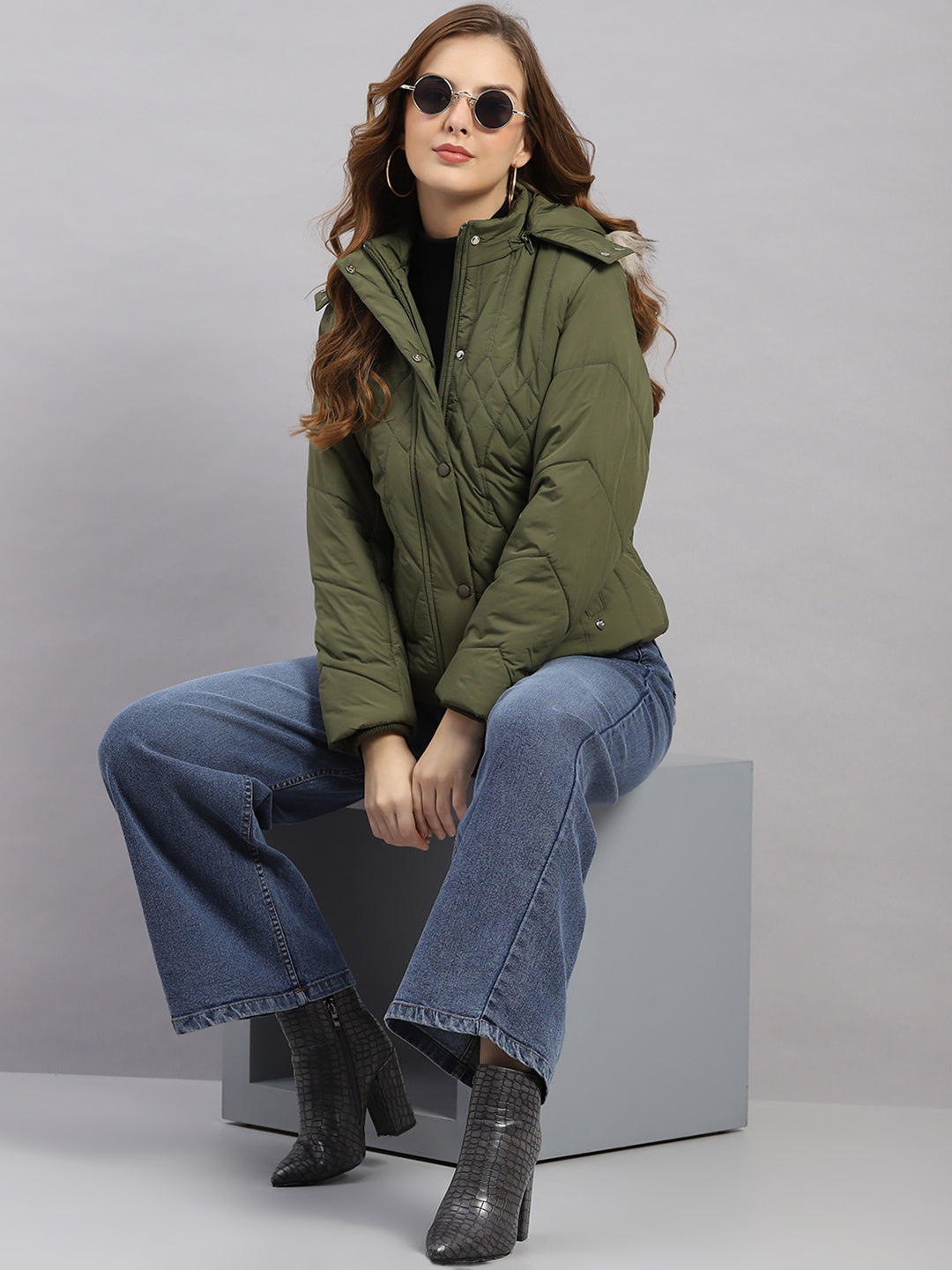 Women Green Stripe Hooded Full Sleeve Jacket