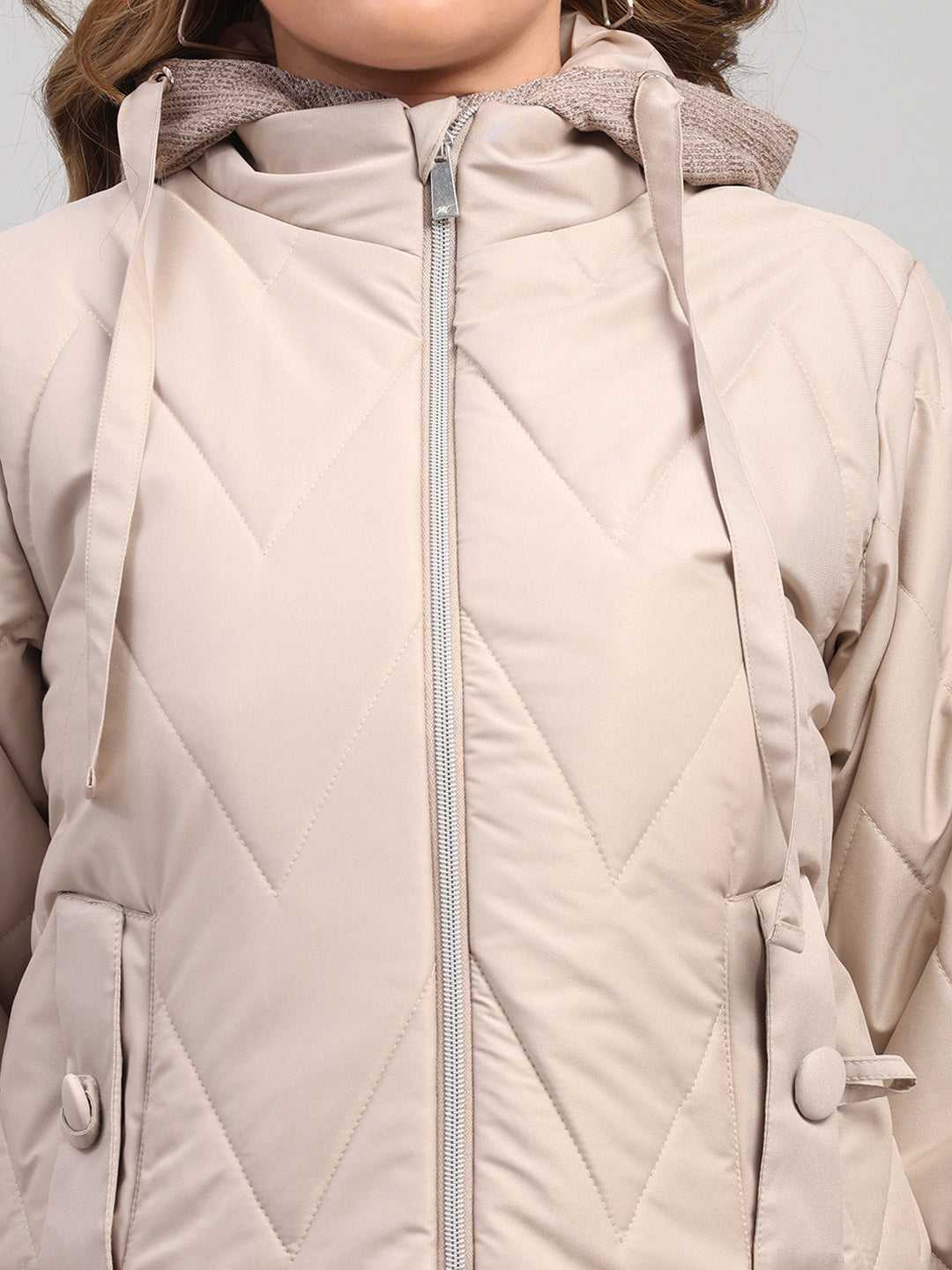 Women Beige Self Design Hooded Full Sleeve Jacket