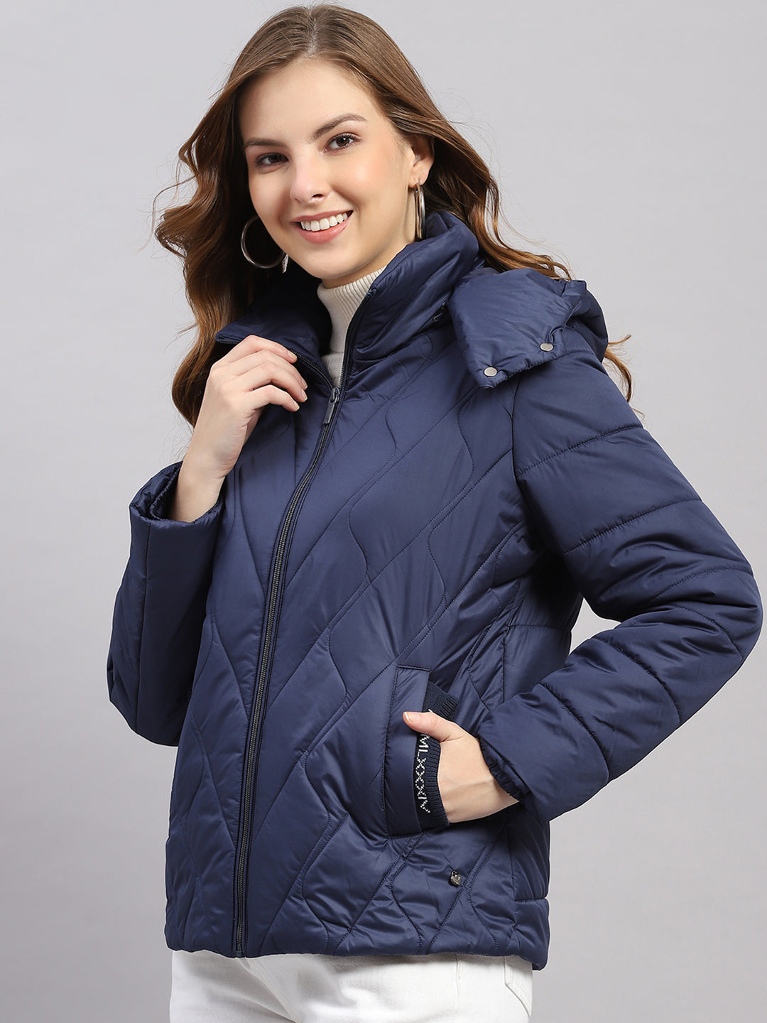 Women Blue Solid Hooded Full Sleeve Jacket