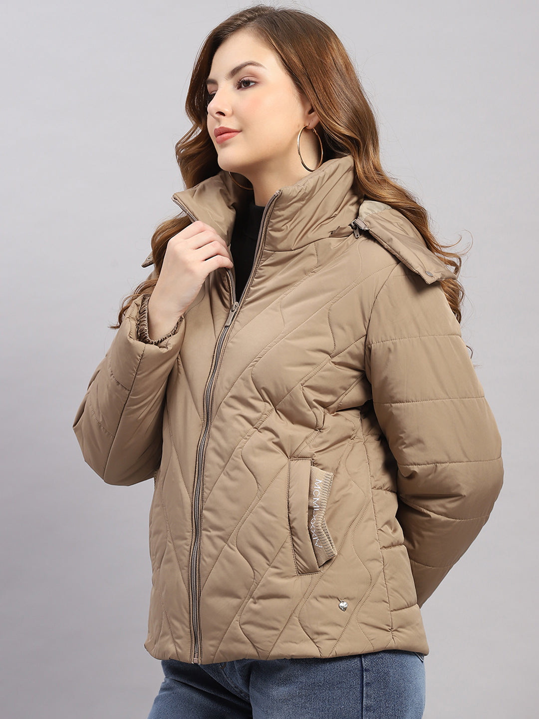 Women Beige Solid Hooded Full Sleeve Jacket