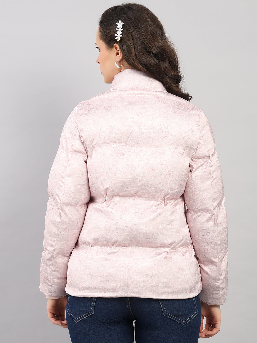 Women Mauve Solid High Neck Full Sleeve Jacket